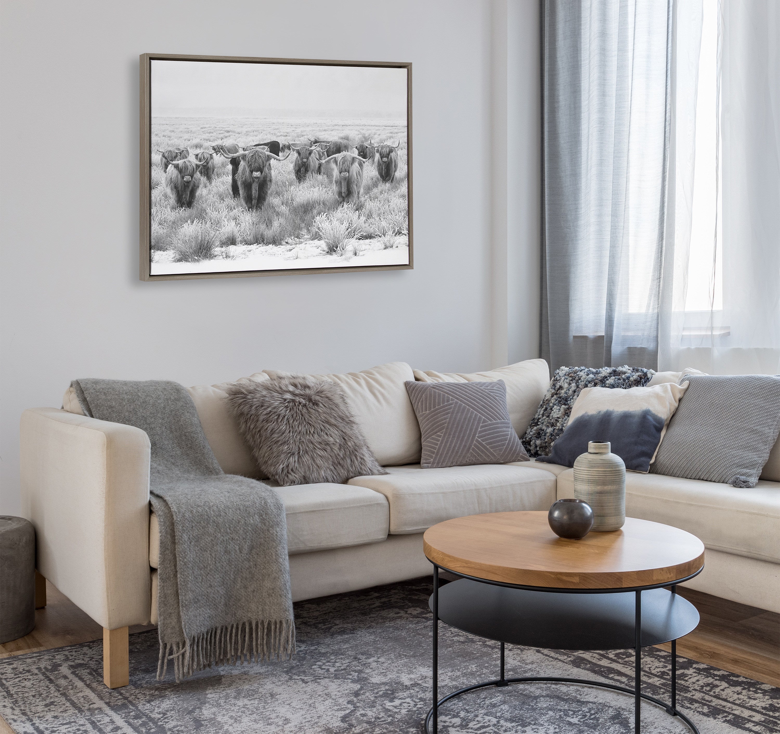 Sylvie Herd of Highland Cows Black and White Framed Canvas by The Creative Bunch Studio