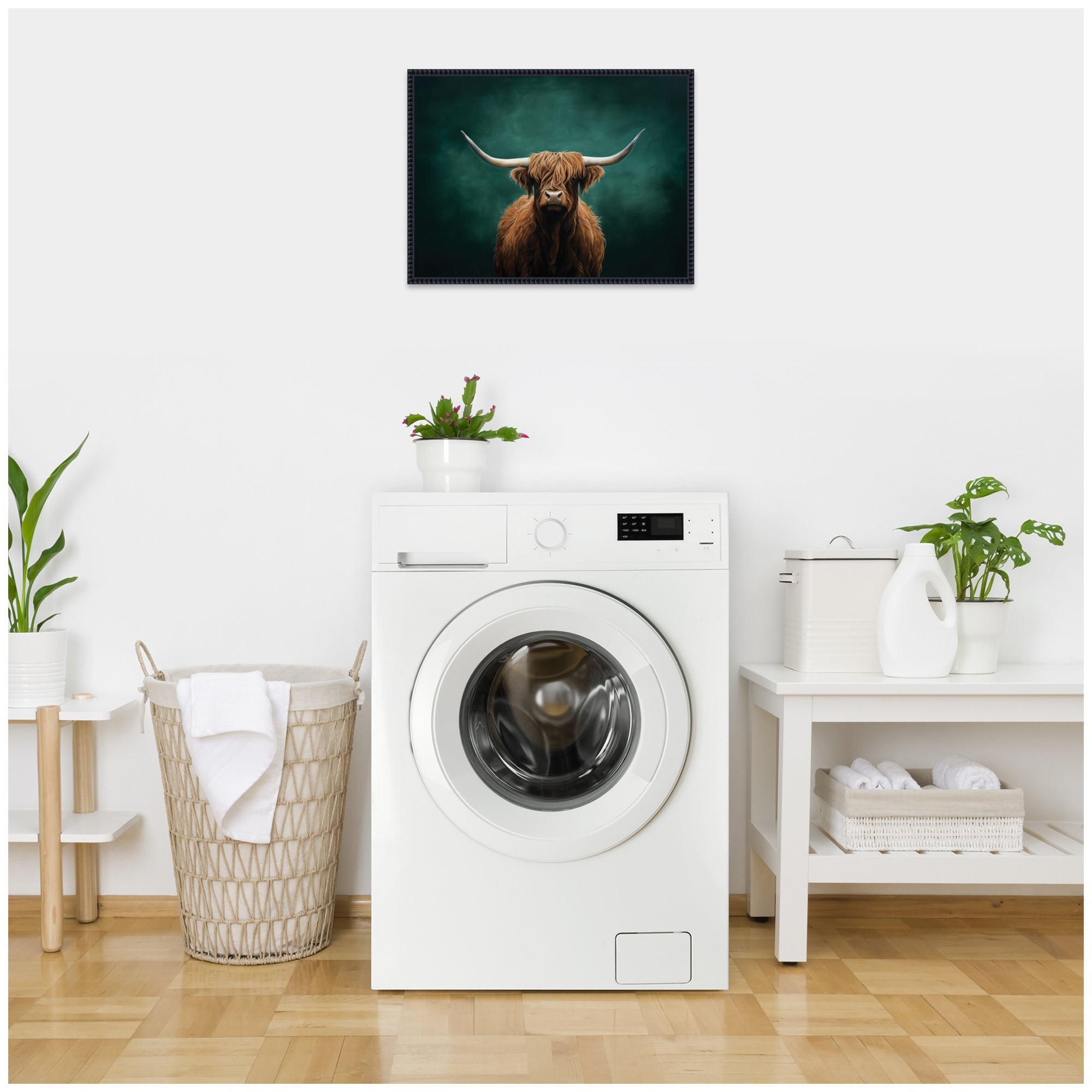 Highland Cow on Tonal Teal Green Abstract by The Creative Bunch Studio Framed Canvas Wall Art Print