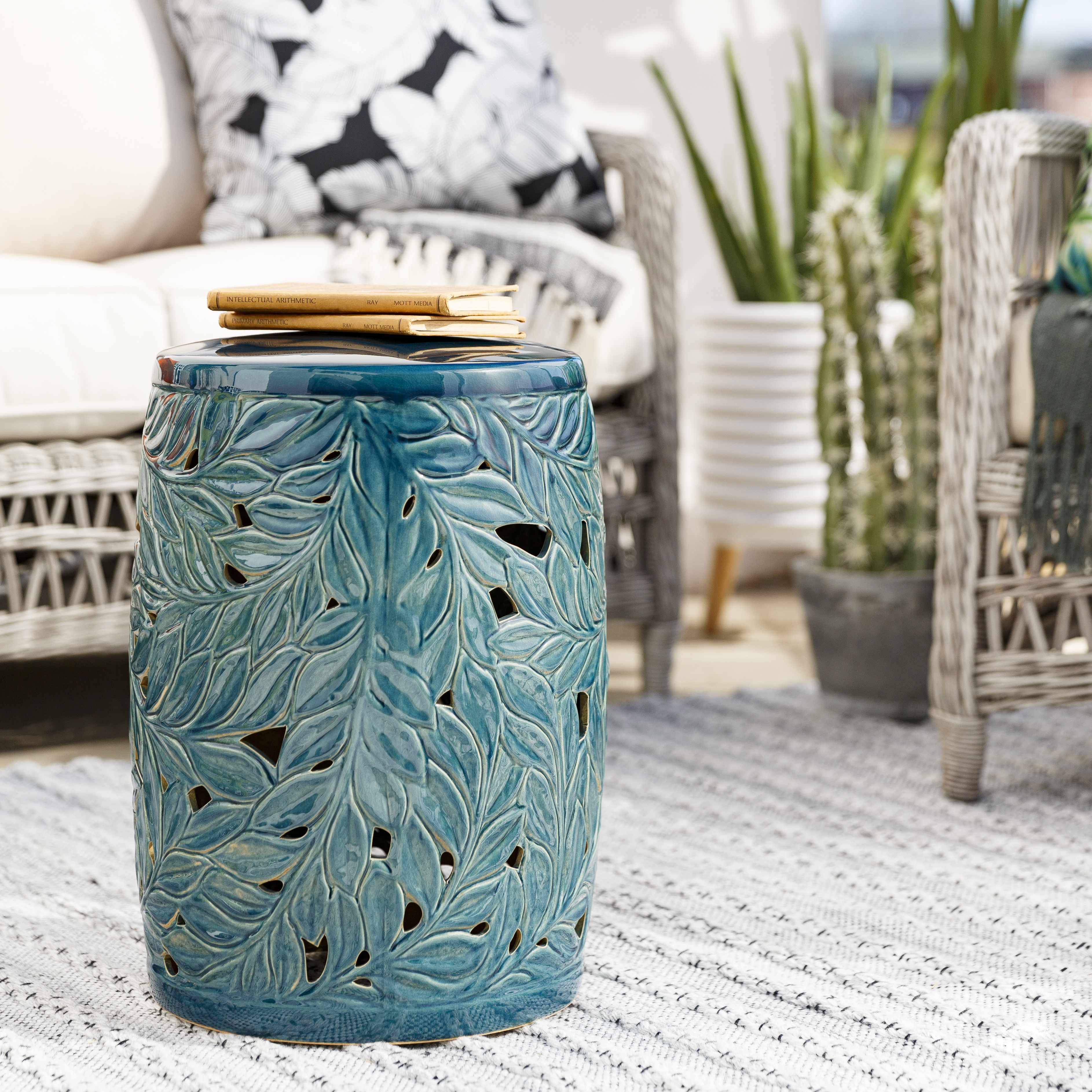 Daguioman Teal Leaf Ceramic Stool-3