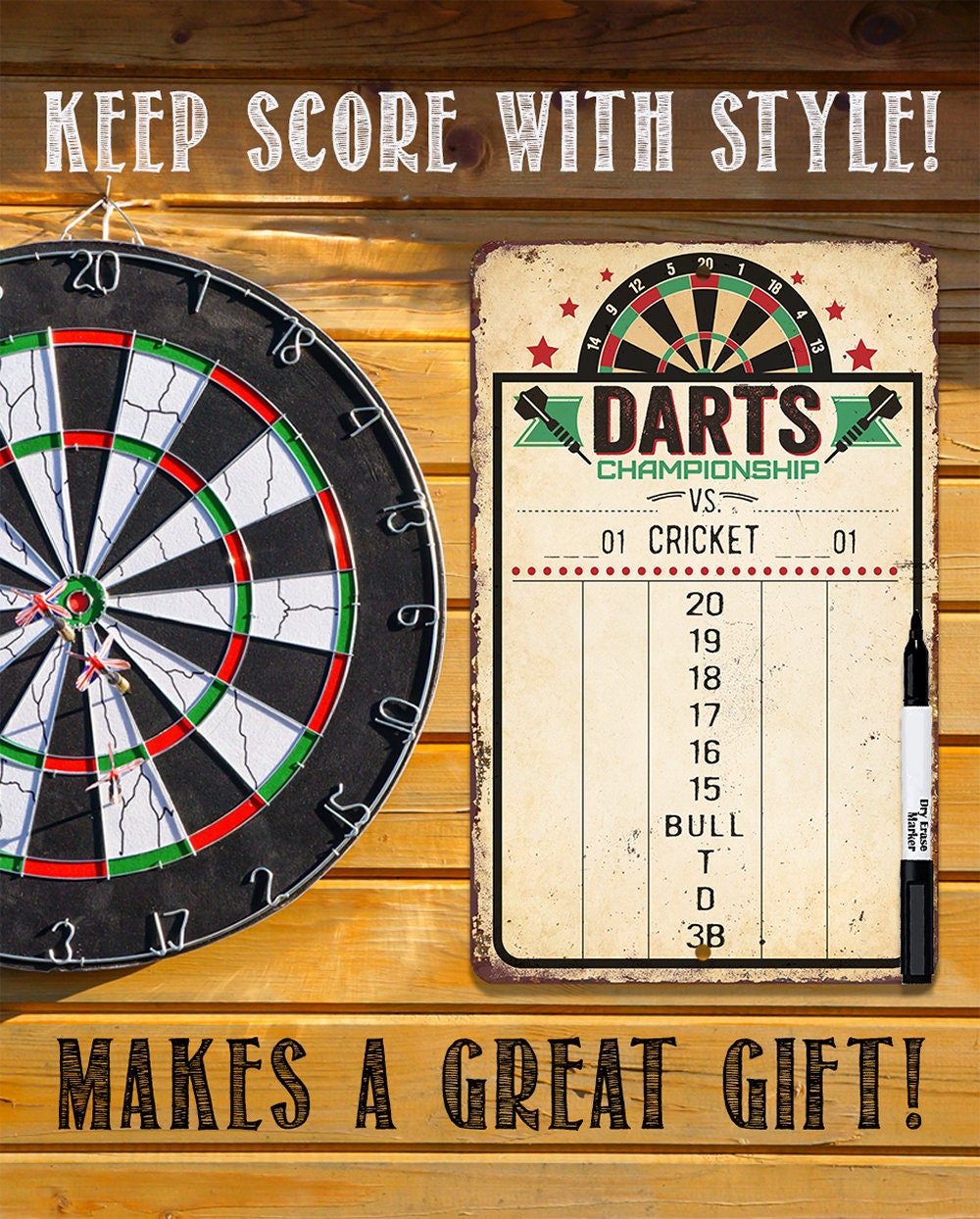 Dart Scoreboard (Beige) Dry Erase for Keeping Score in Games Cricket, 301 or 501 - Metal Sign