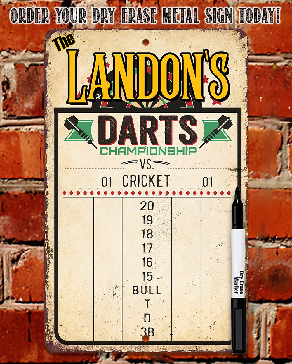 Personalized - Dart Scoreboard Dry Erase for Keeping Score in All Cricket Games, 301 or 501 - Magnetic Dry Erase Marker with Eraser - Metal Sign