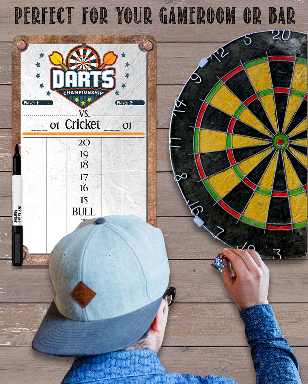 Dart Scoreboard (Grey) Dry Erase for Keeping Score in Games Cricket, 301 or 501- Metal Sign