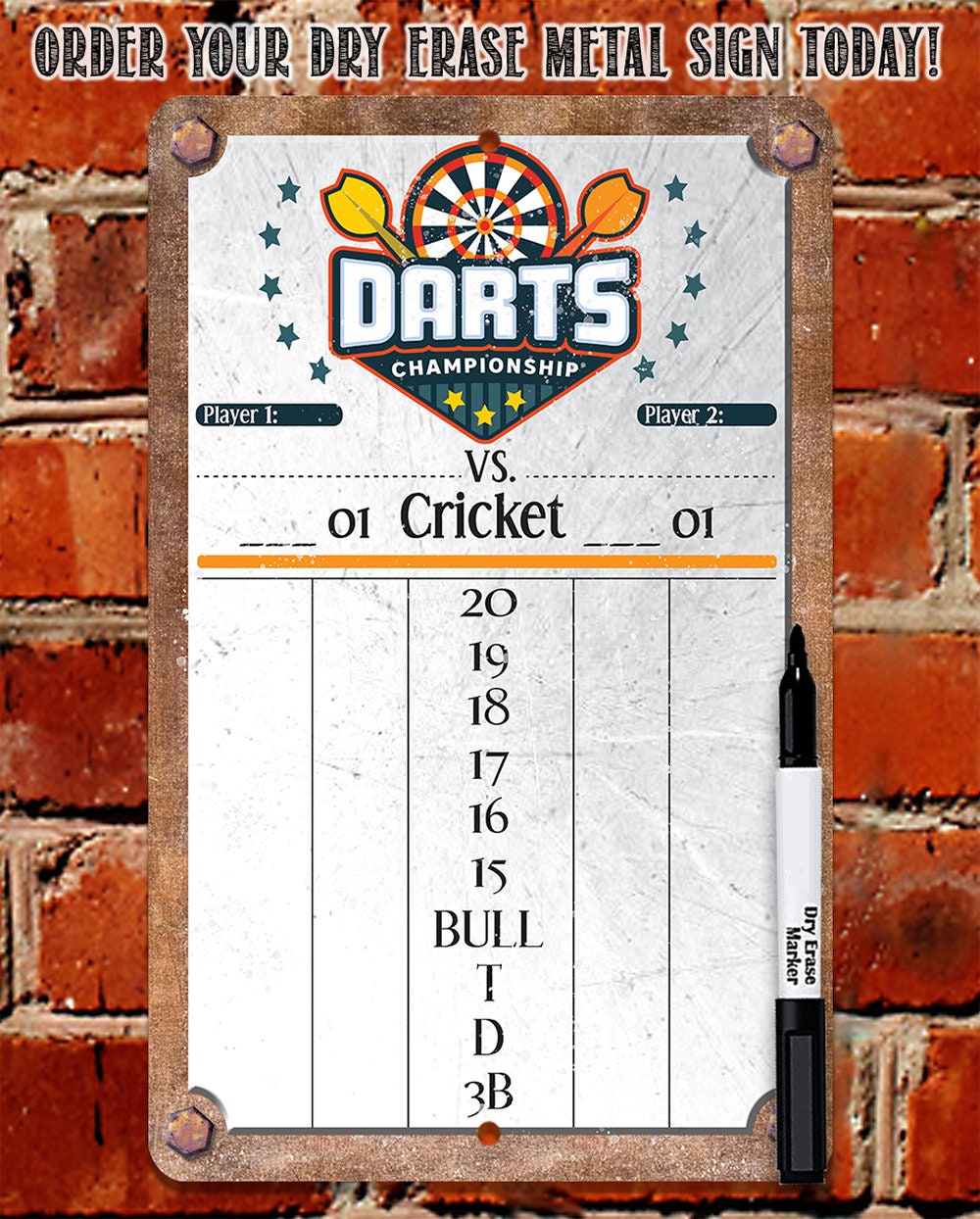 Dart Scoreboard (Grey) Dry Erase for Keeping Score in Games Cricket, 301 or 501- Metal Sign