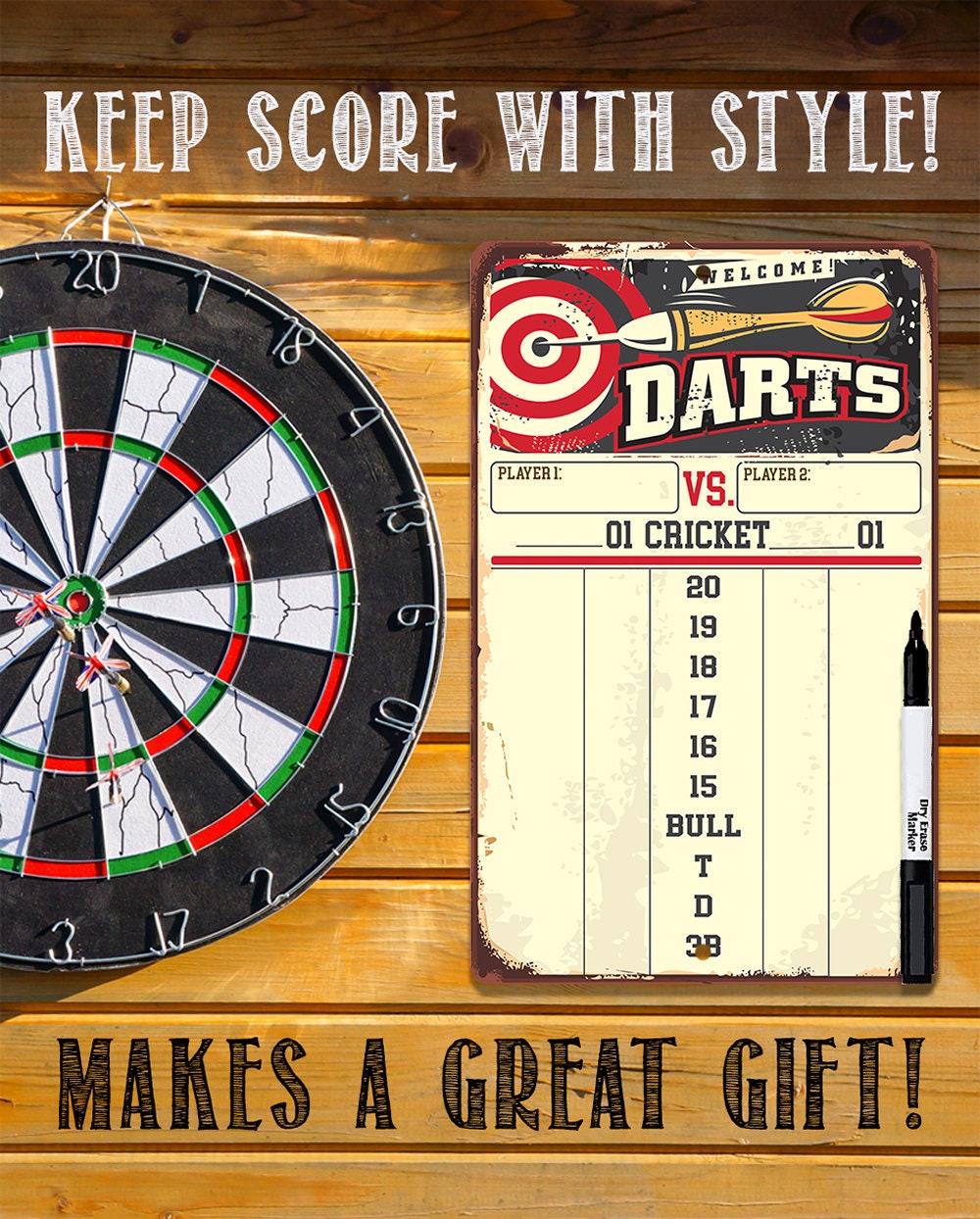 Dart Scoreboard (Yellow) Dry Erase for Keeping Score in Games Cricket, 301 or 501 - Metal Sign