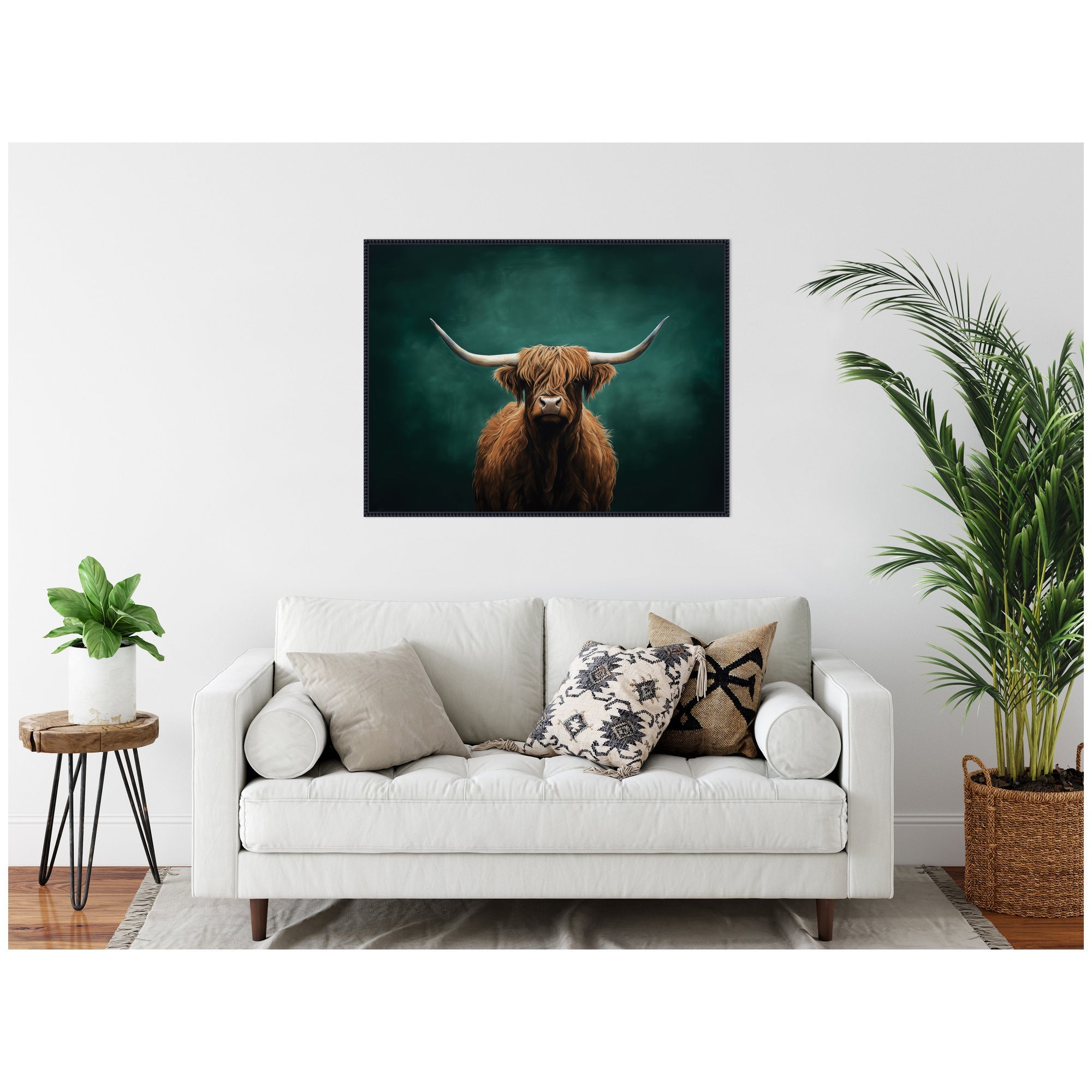 Highland Cow on Tonal Teal Green Abstract by The Creative Bunch Studio Framed Canvas Wall Art Print