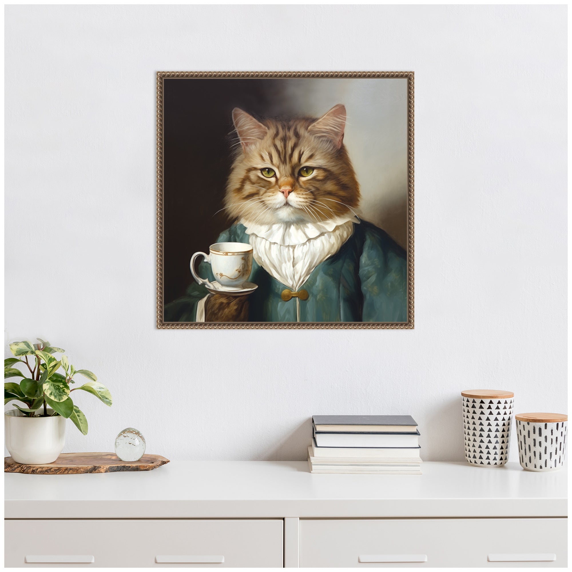 Sylvie Teacup Cat Framed Canvas by The Creative Bunch Studio