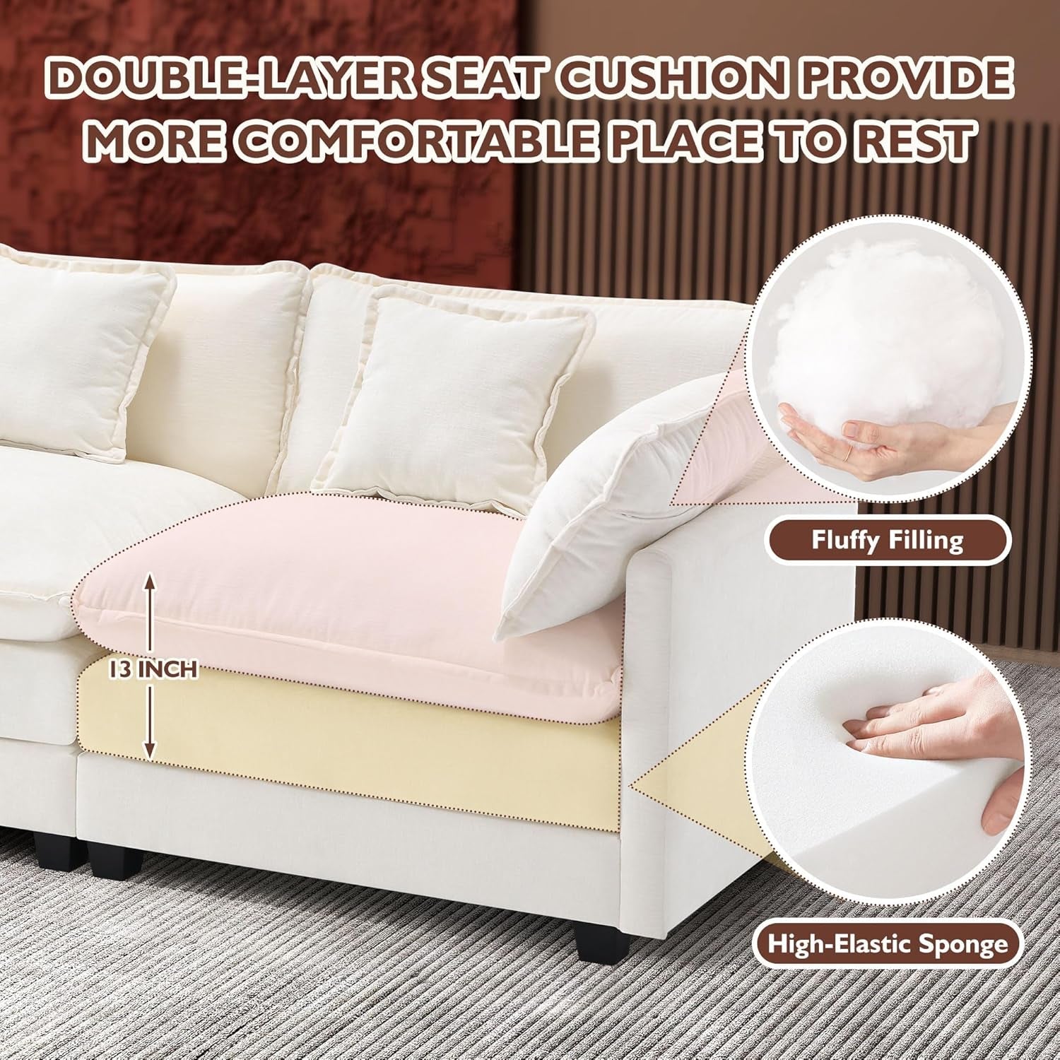 111.4 Inch 3 Seater Cloud Sofa Modular Sectional Couch Beige With Breathable Chenille Fabric