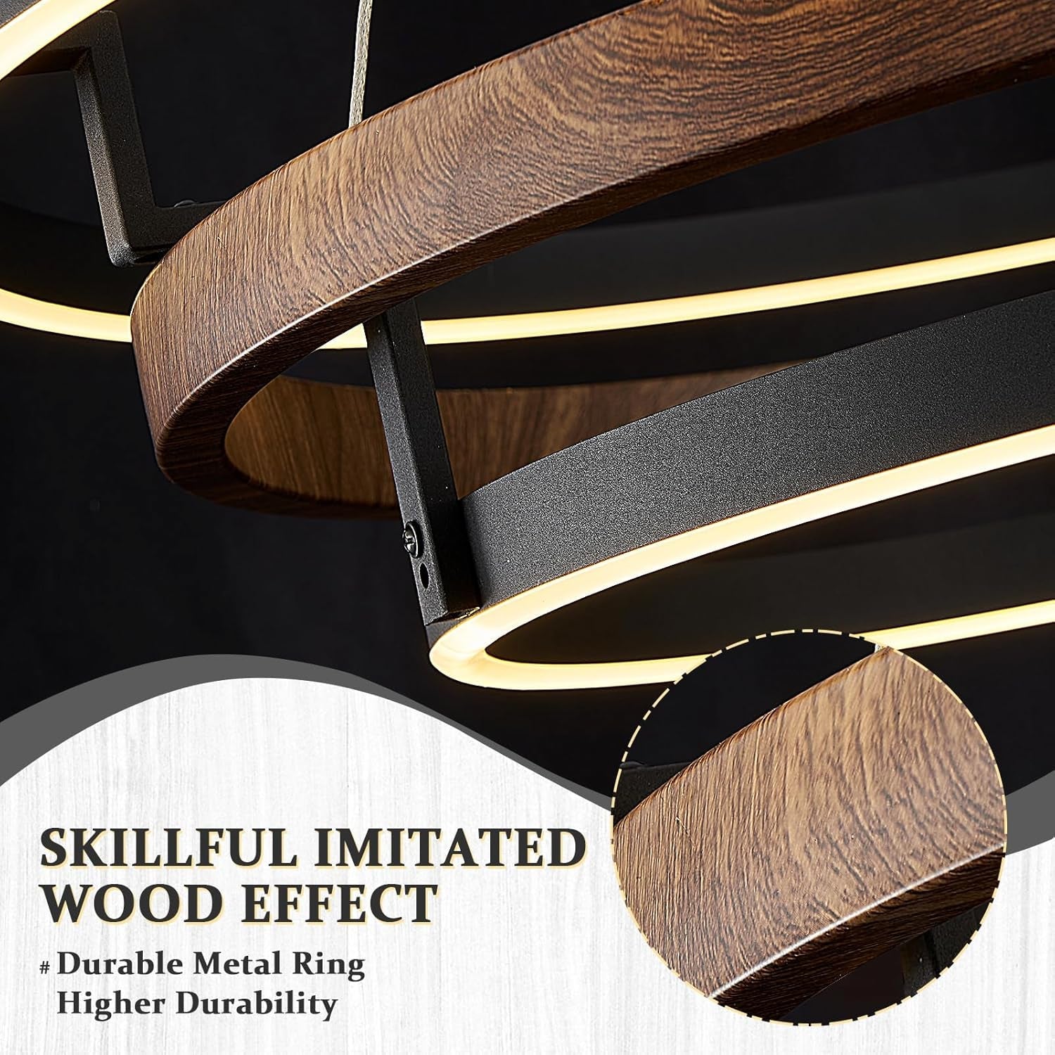 Ultra LED Chandelier Black Wood Three Ring Dimmable-2