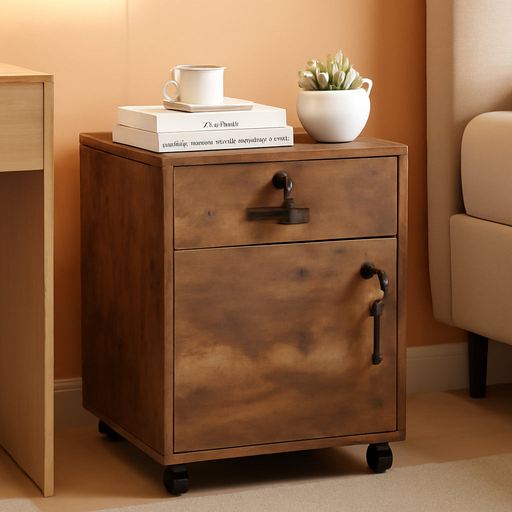 Mobile Lockable File Cabinet With Drawer Door Rustic Brown