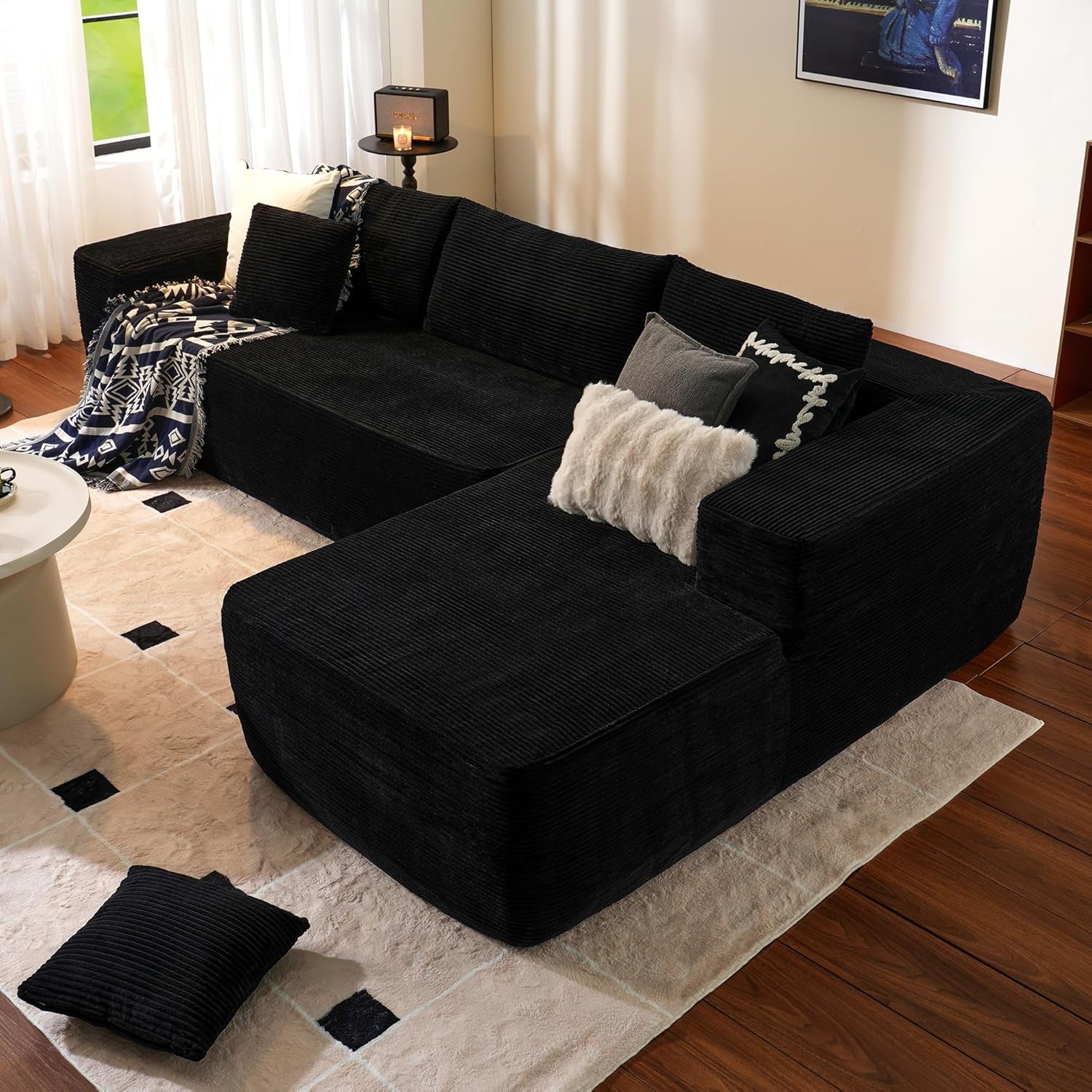 104 Inch Black Corduroy L Shaped Sectional Sofa Deep Set Upholstered Modular Couch No Assembly