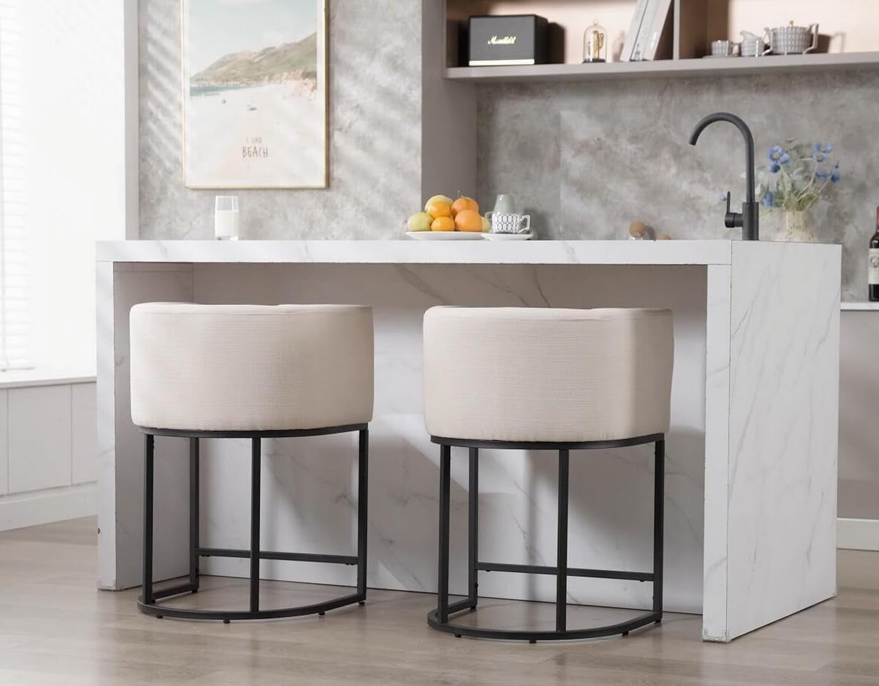 Contemporary Cream Linen Bar Stools Set Of 3 24 In