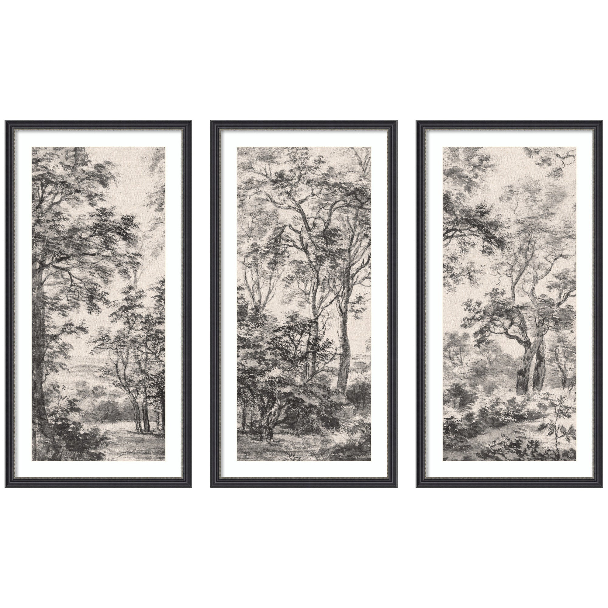 Wooded Landscape after 1648 Antonie Waterloo Linen Panel 3 Piece Framed Wall Art Print Set by Nostalgia Prints