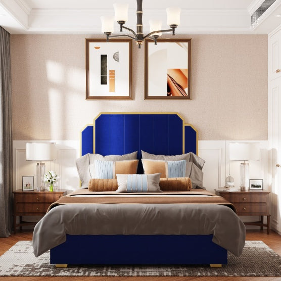 Queen Size Bed Frame &amp; 59.06" Headboard, Upholstered Bed with Gold Plating Trim, Modern Platform Bed Without Box, Navy Blue Queen Bed