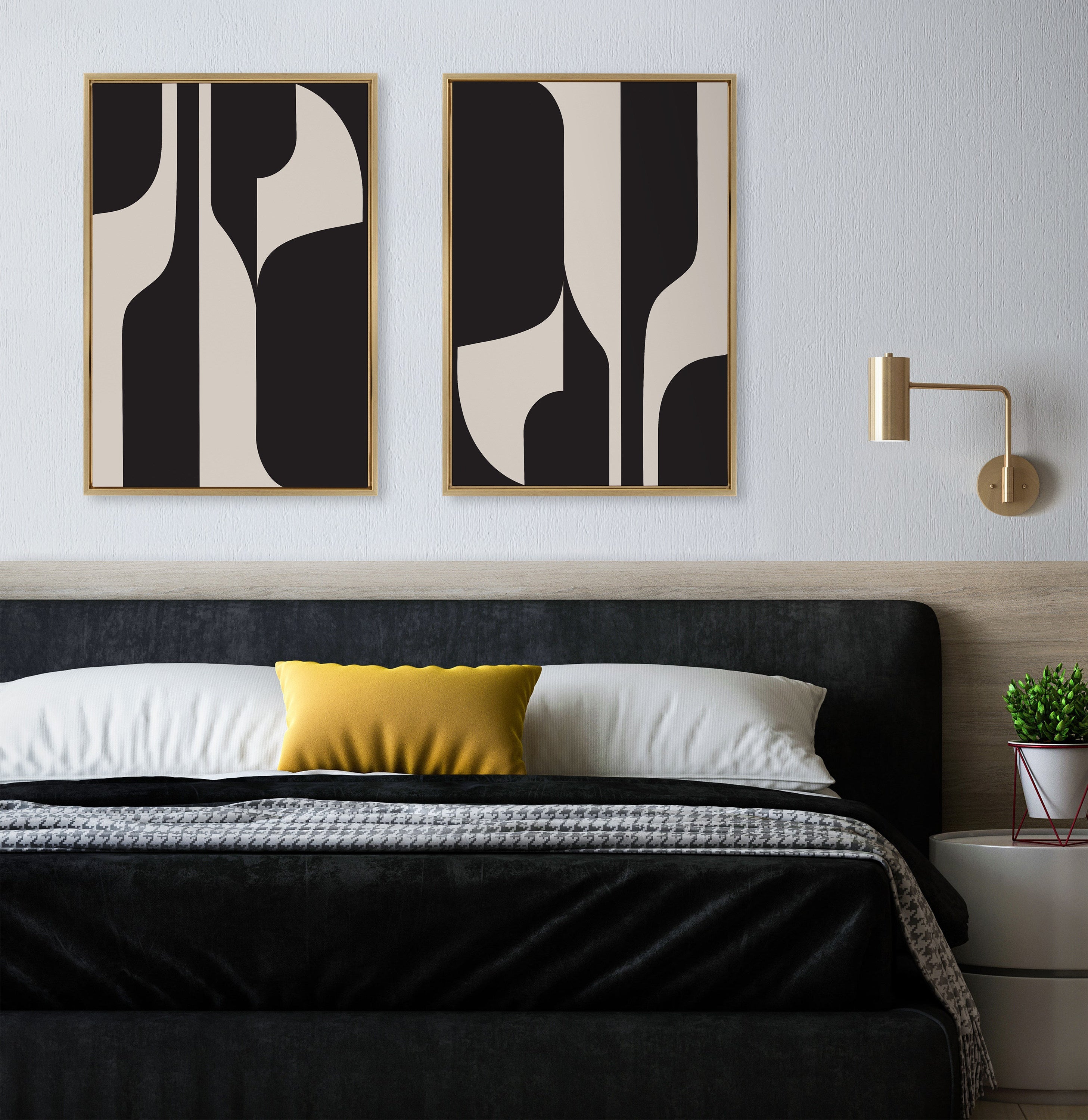 Sylvie Eye Catching Sleek Abstract 6 Black and Beige Framed Canvas by The Creative Bunch Studio