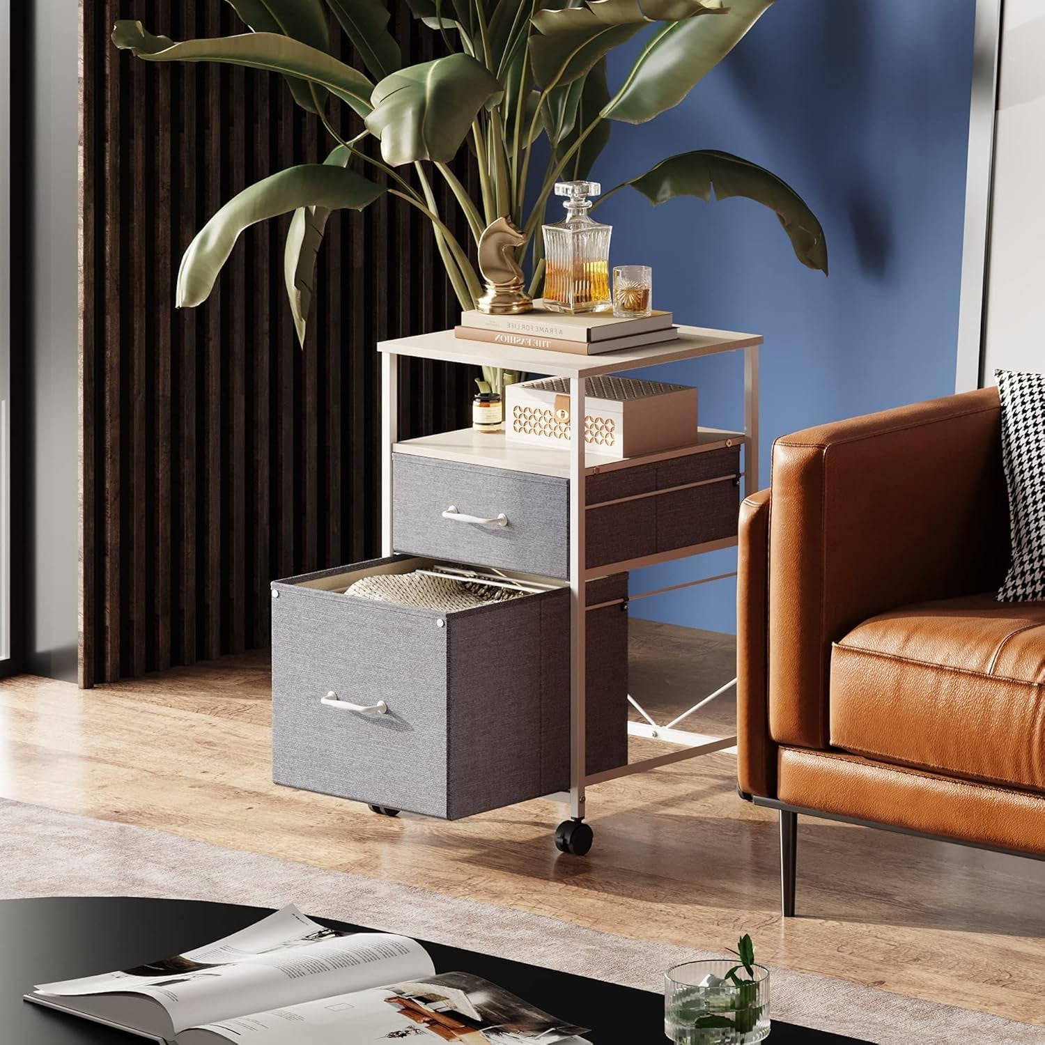 2 Drawer Mobile File Cabinet Rolling Printer Stand With Open Storage Shelf Light Grey