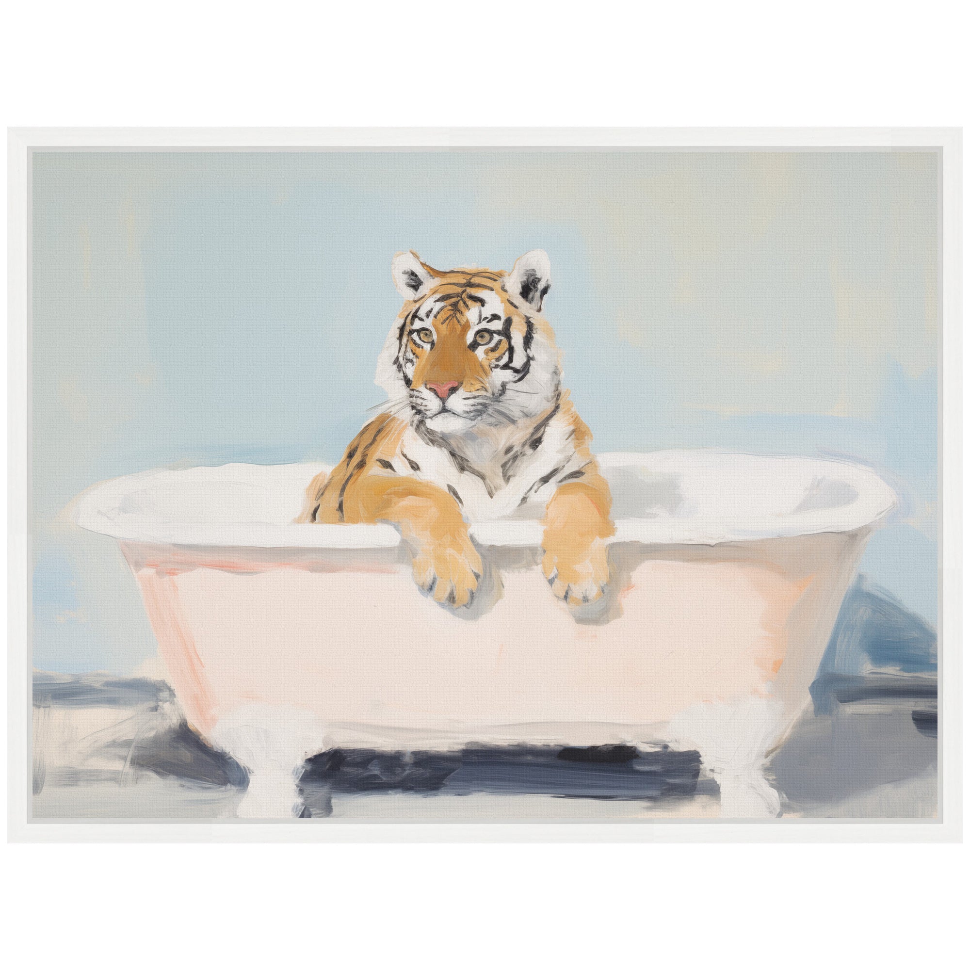 Sylvie Charming Boho Cottage Farmhouse Tiger in Bathtub Framed Canvas by The Creative Bunch Studio