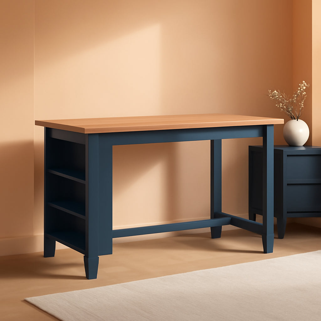 Counter Height Dining Table With Shelves In Blue And Brown