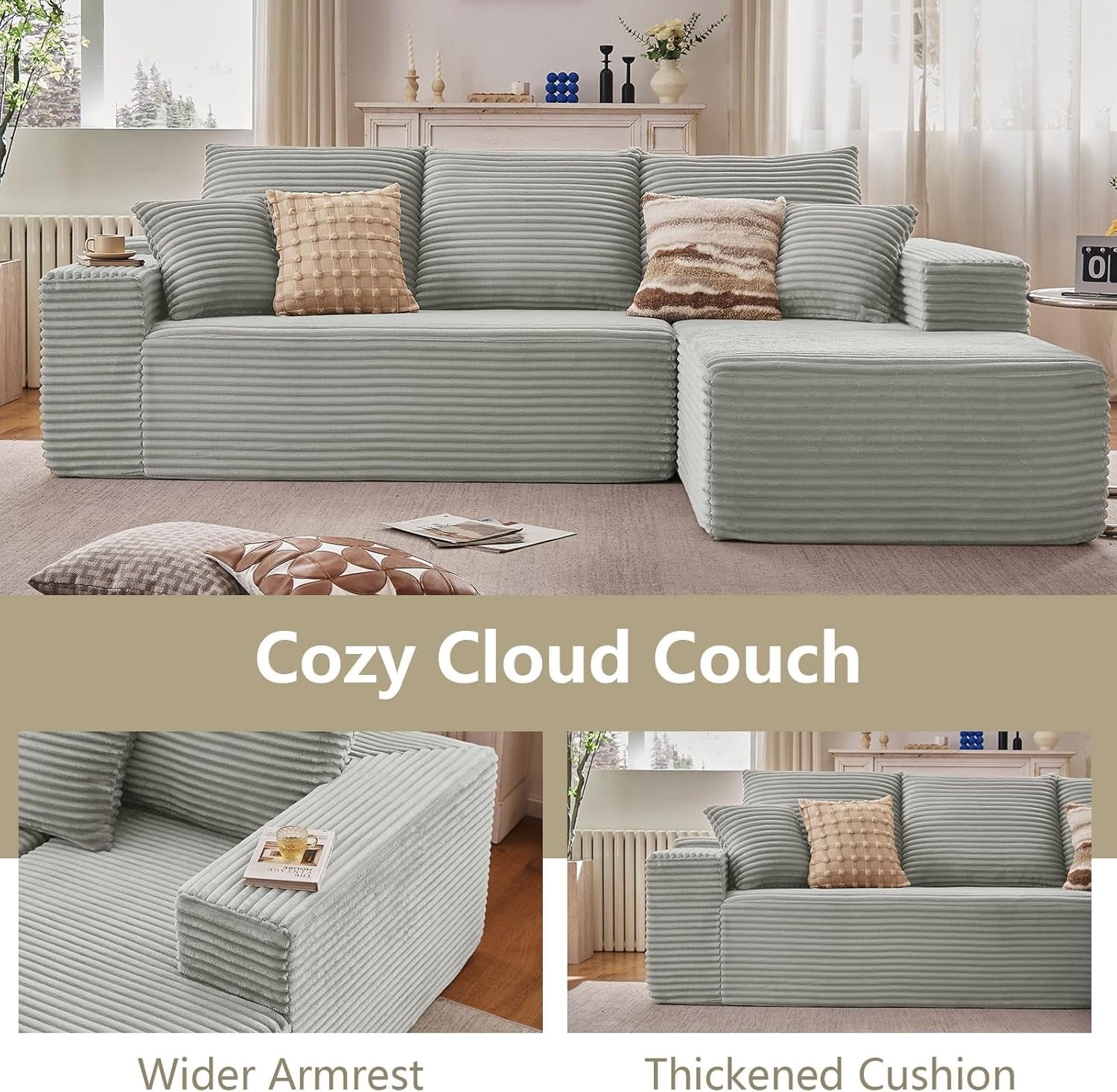 107 Inch Grey Corduroy L Shaped Modular Sleeper Sofa