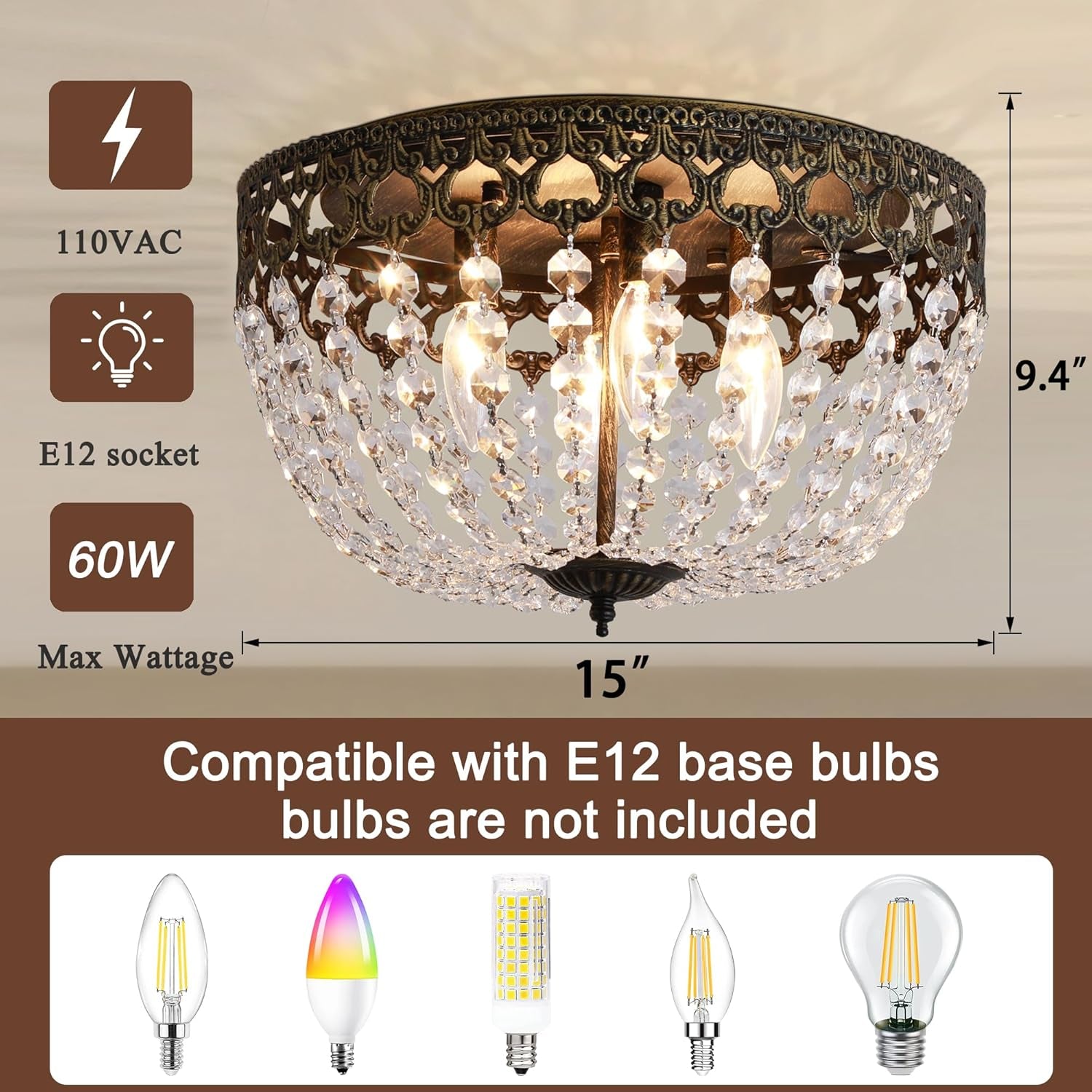 15 Inch Bronze Crystal 4 Light Flush Mount Ceiling Light-2