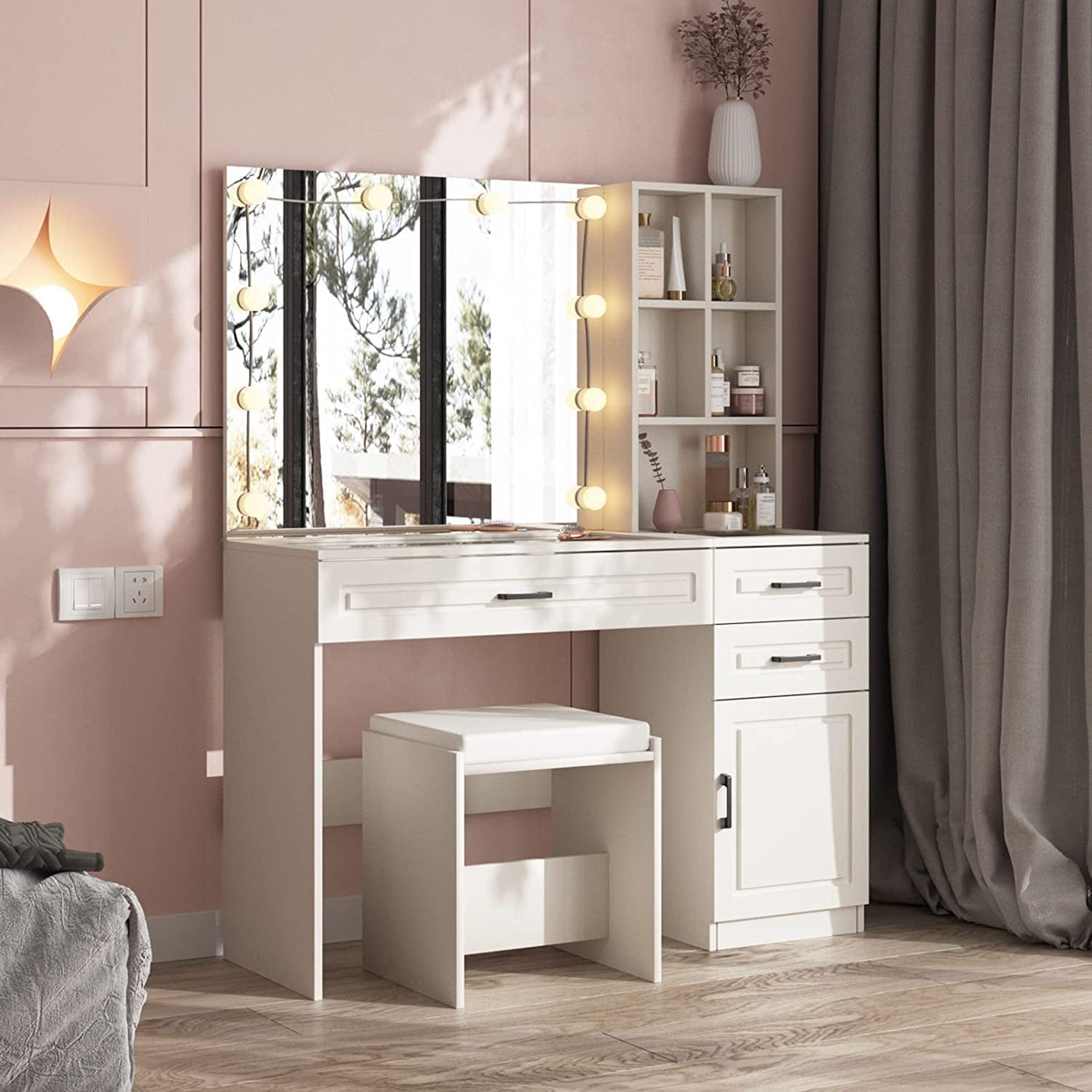 White Vanity Table Set With Glass Top Hollywood Mirror