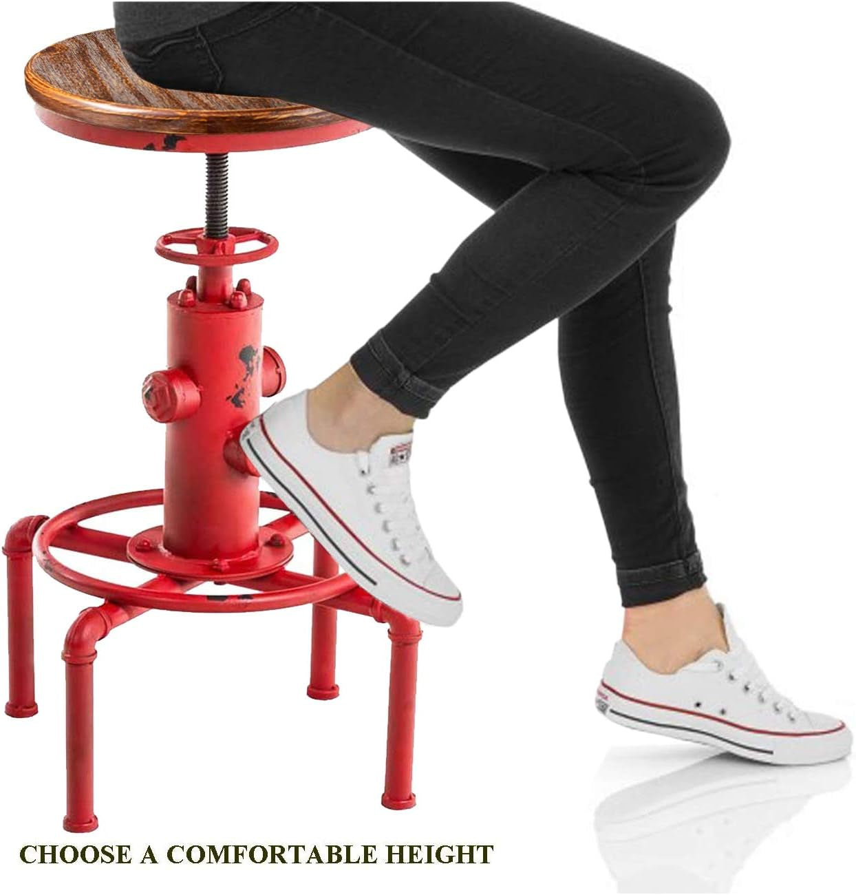 Antique Industrial Barstools Set With Adjustable Wooden Seats