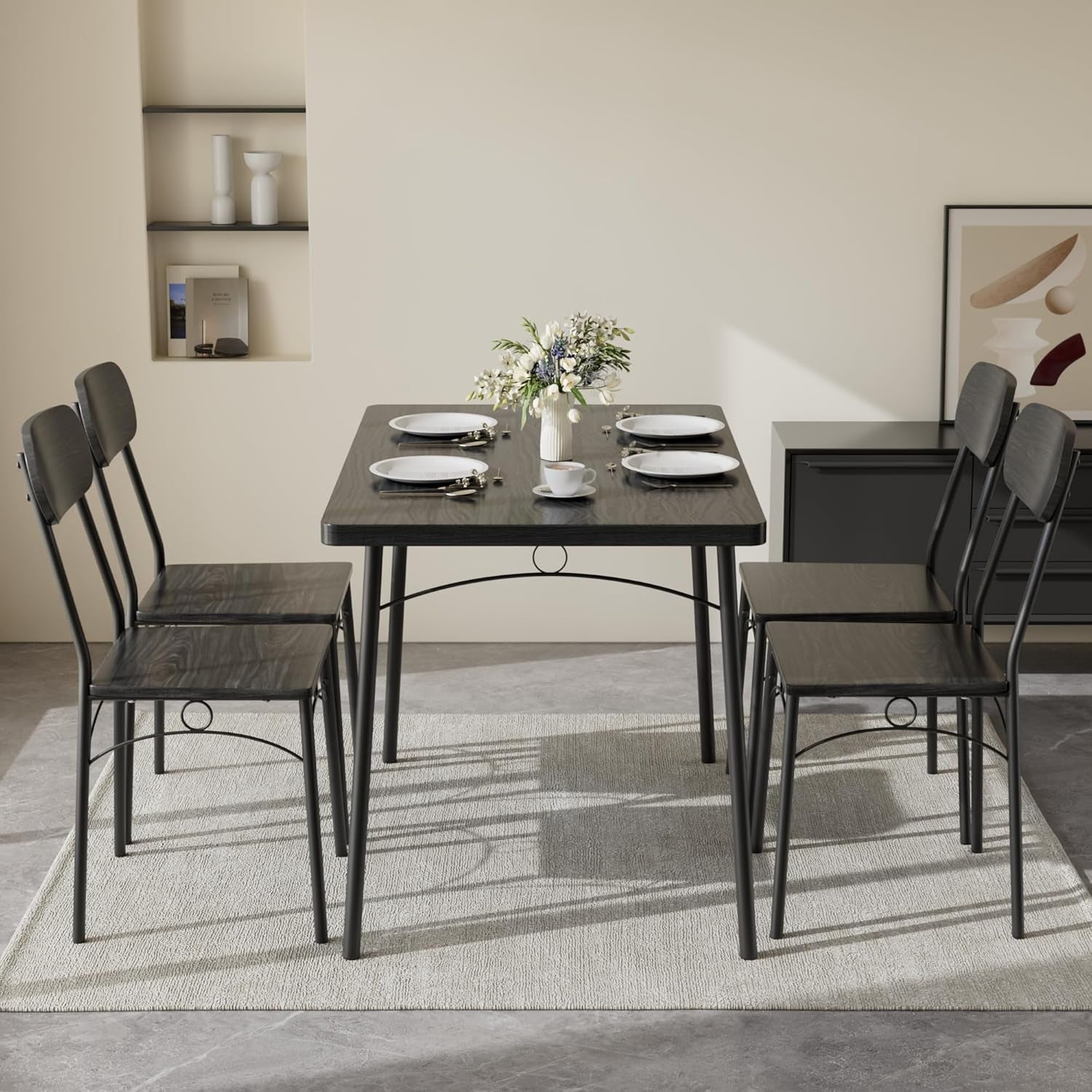 Black MDF Space Saving Dining Room Table Set With Chairs For Four
