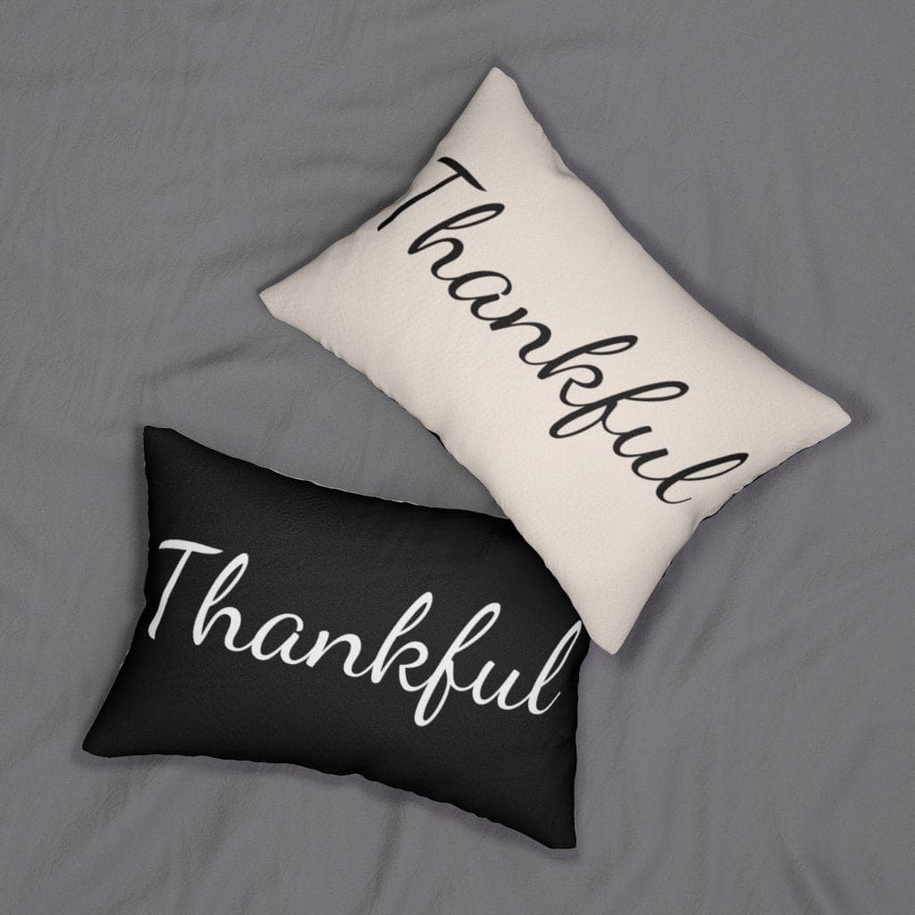 Decorative Lumbar Throw Pillow, Thankful - Beige Black-4