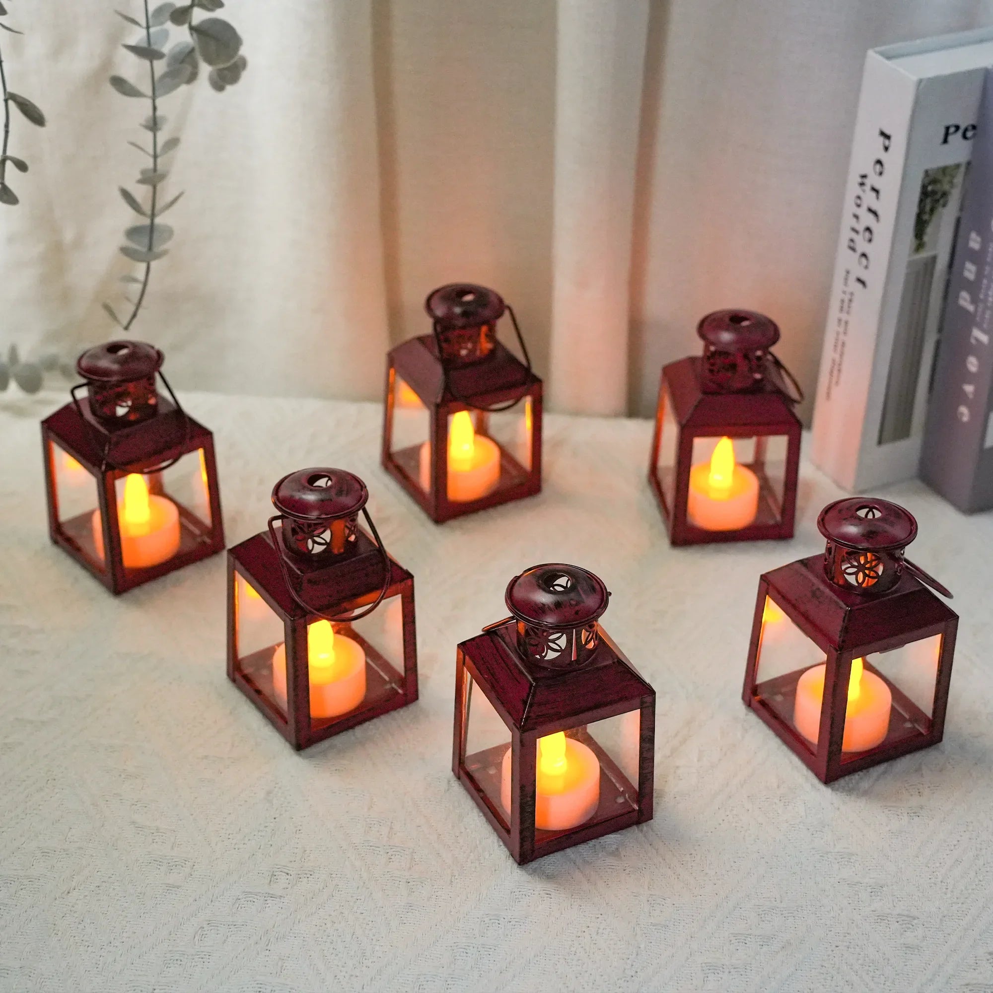 6 Pcs Small Metal Candle Lanterns Vintage Hanging House Tealight Lantern-1