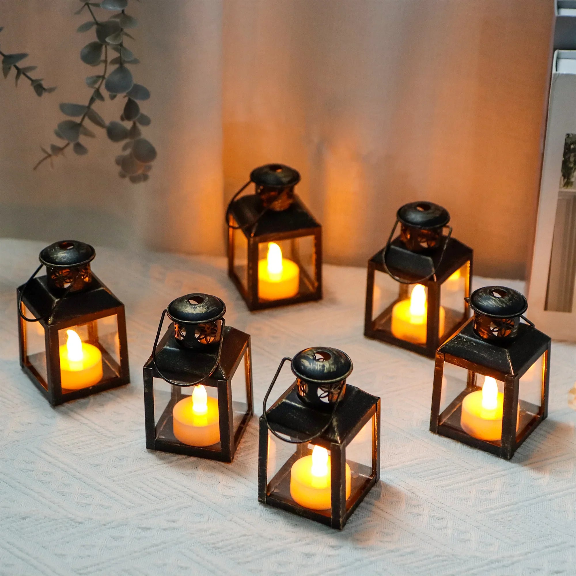 6 Pcs Small Metal Candle Lanterns Vintage Hanging House Tealight Lantern-3