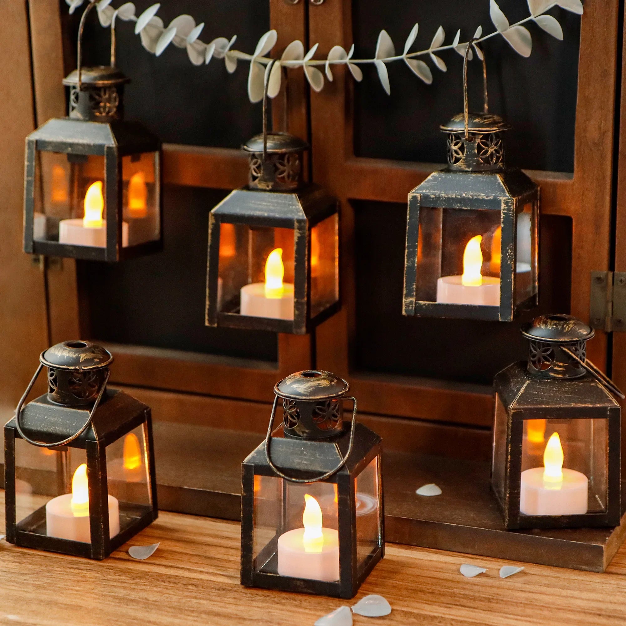 6 Pcs Small Metal Candle Lanterns Vintage Hanging House Tealight Lantern-0