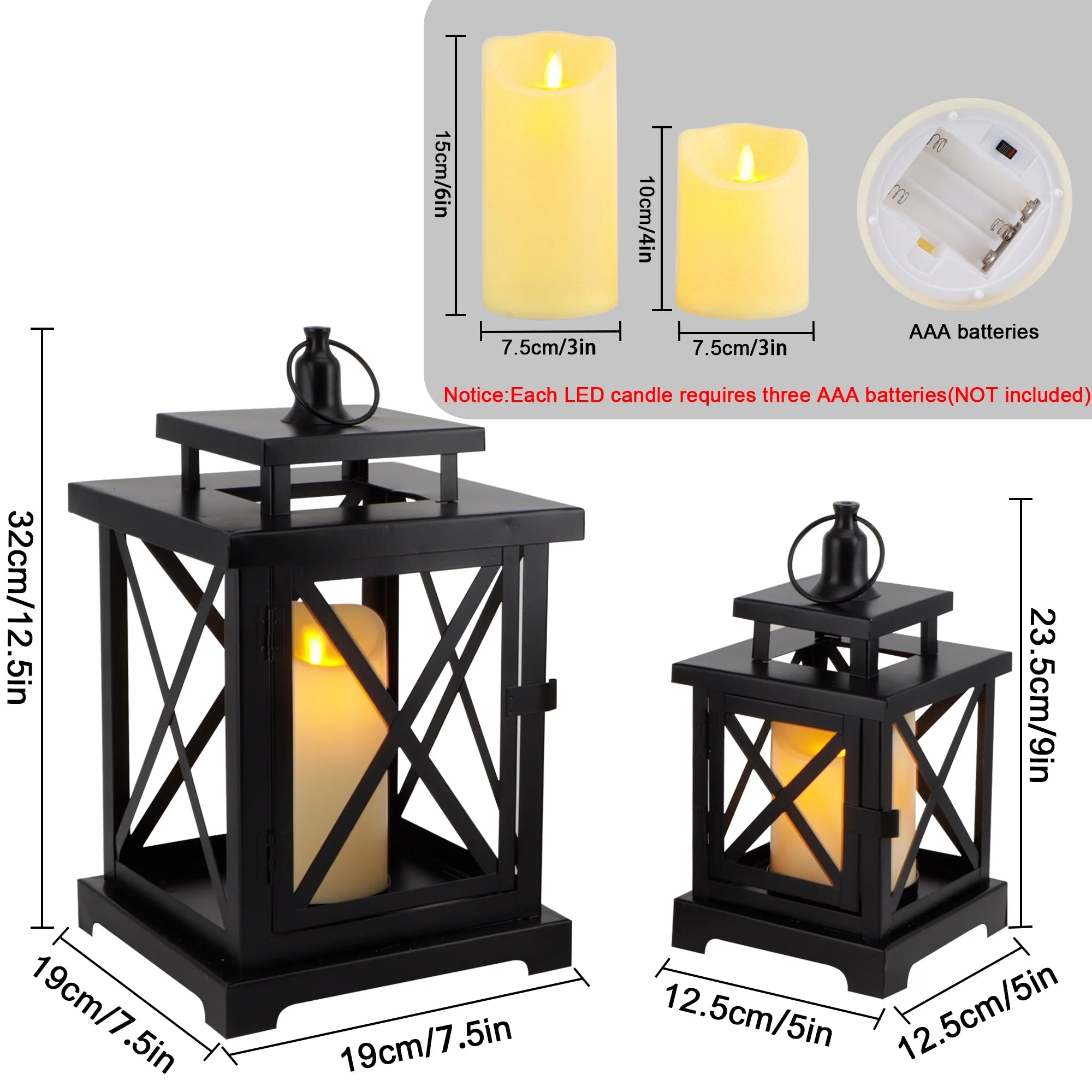 12.5" & 9" H Hanging Candle Lanterns with LED Pillar Candles-1