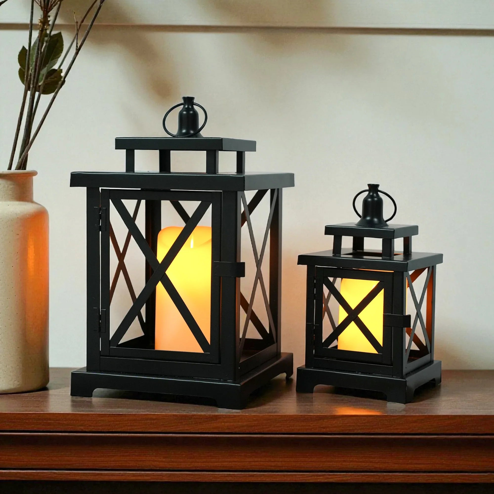 12.5" & 9" H Hanging Candle Lanterns with LED Pillar Candles-3