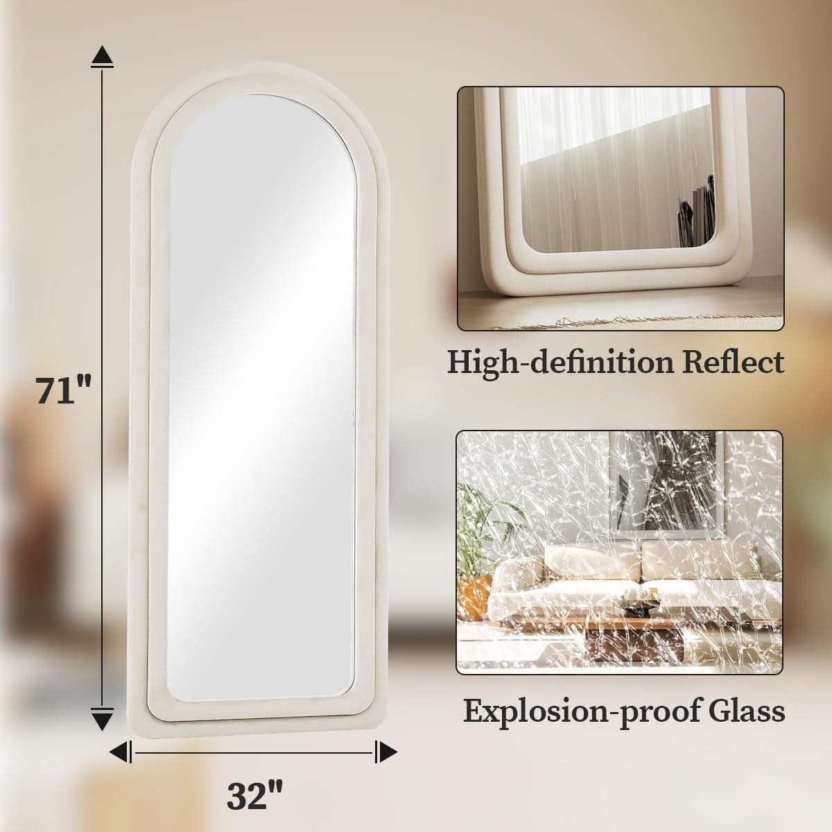 Arched Full Length Floor Mirror 71 X 32 Inches White