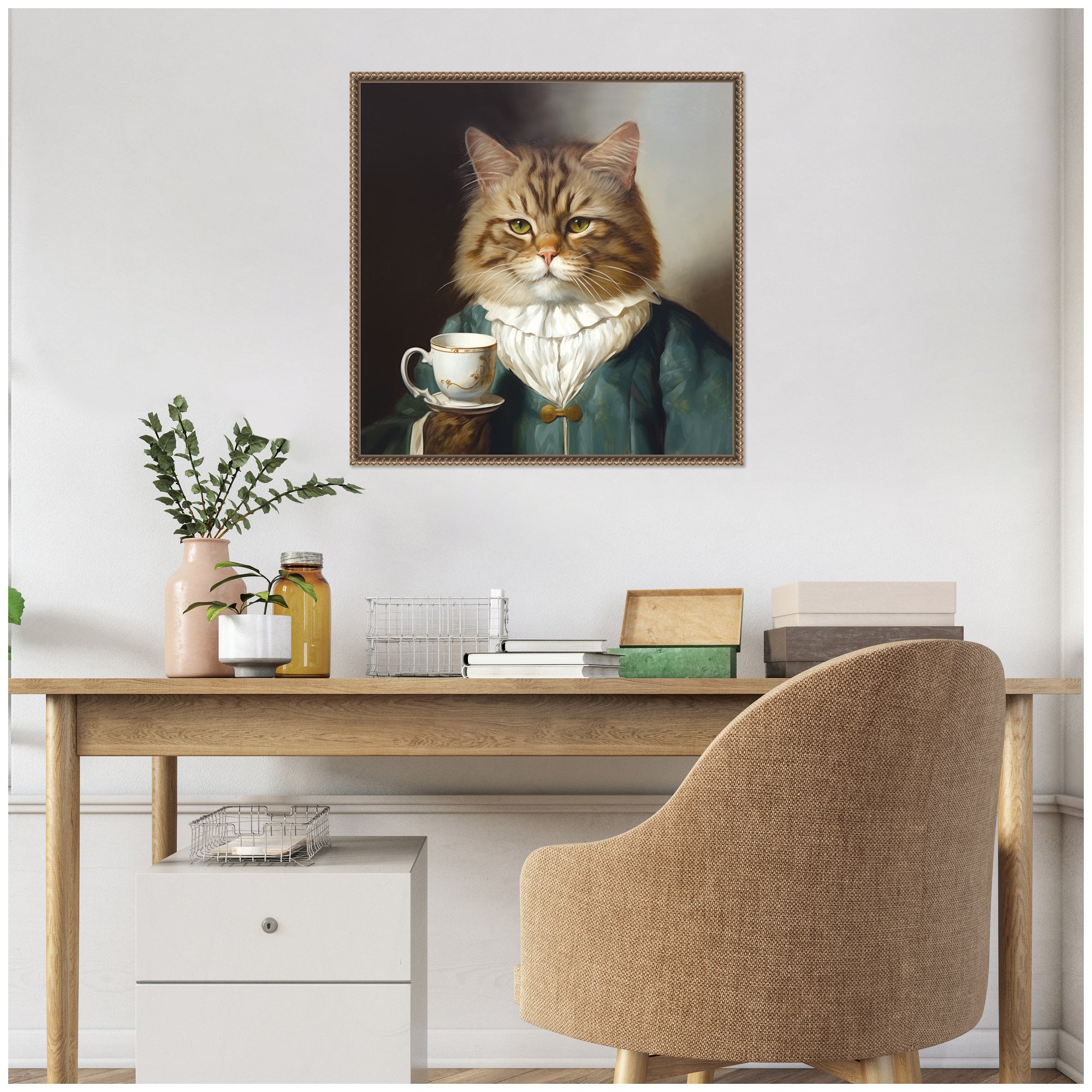 Sylvie Teacup Cat Framed Canvas by The Creative Bunch Studio