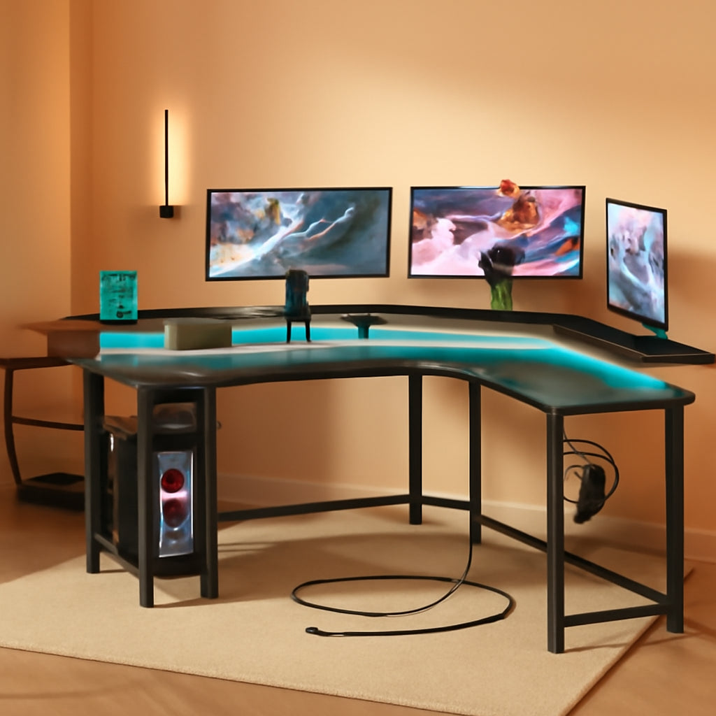 L Shaped Gaming Desk 46 Inch With LED Lights And Power Outlets