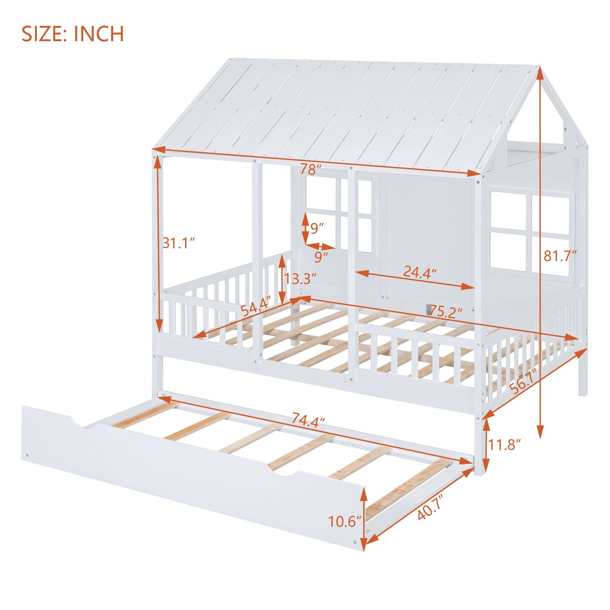 House Bed With Twin Size Trundle, Daybed