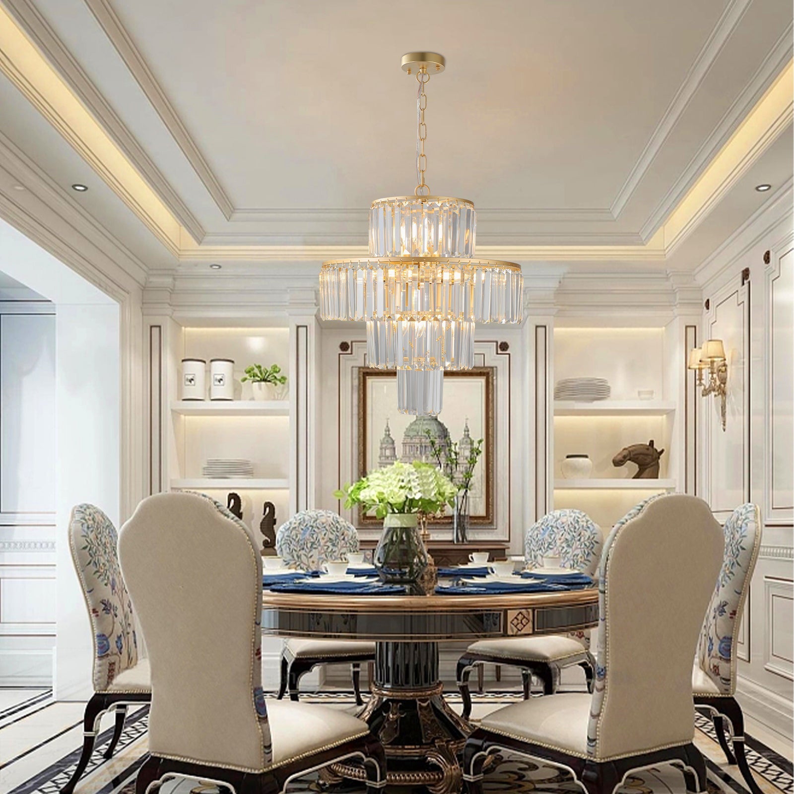 (Same as W1340126461/L5023) 20' Luxury 4-Tier Crystal Chandelier, 12-Light Gold Frame Pendant Light, Elegant Ceiling Lighting for Living Room, Dining Room, Bedroom (No Bulbs)