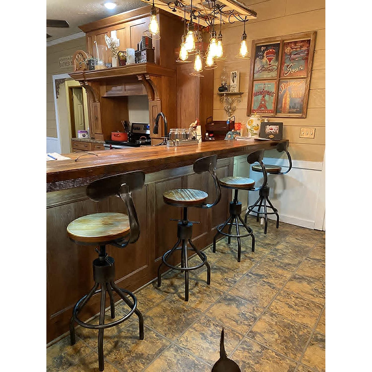 Adjustable Rustic Industrial Bar Stool Brown Seat Set of 2