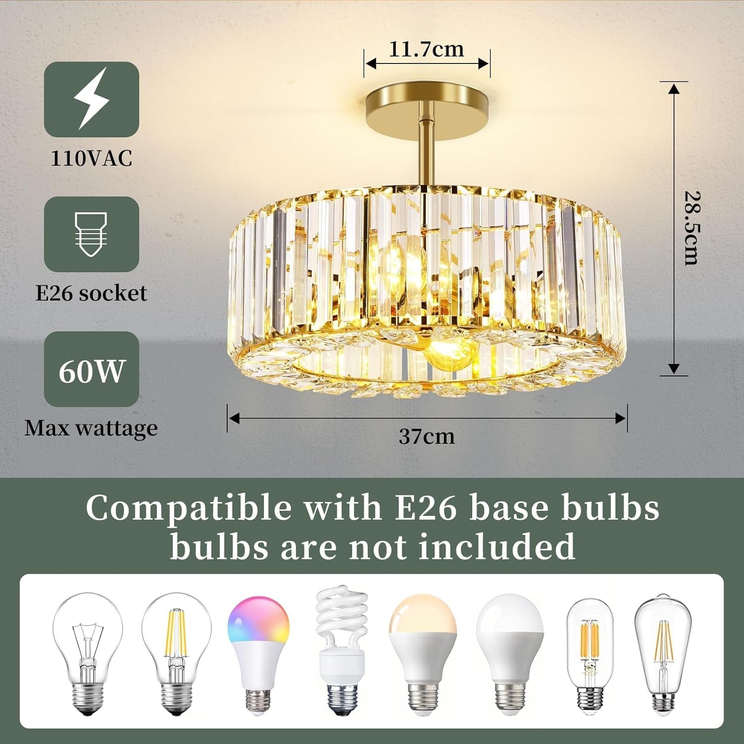 Gold Crystal Ceiling Light 14 Inch Contemporary Style-2