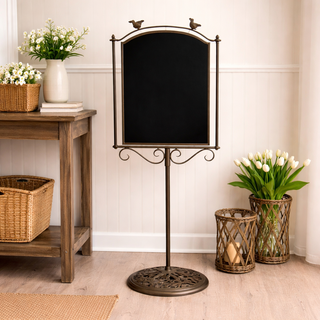 Metal Pedestal Chalkboard with Bird Accents