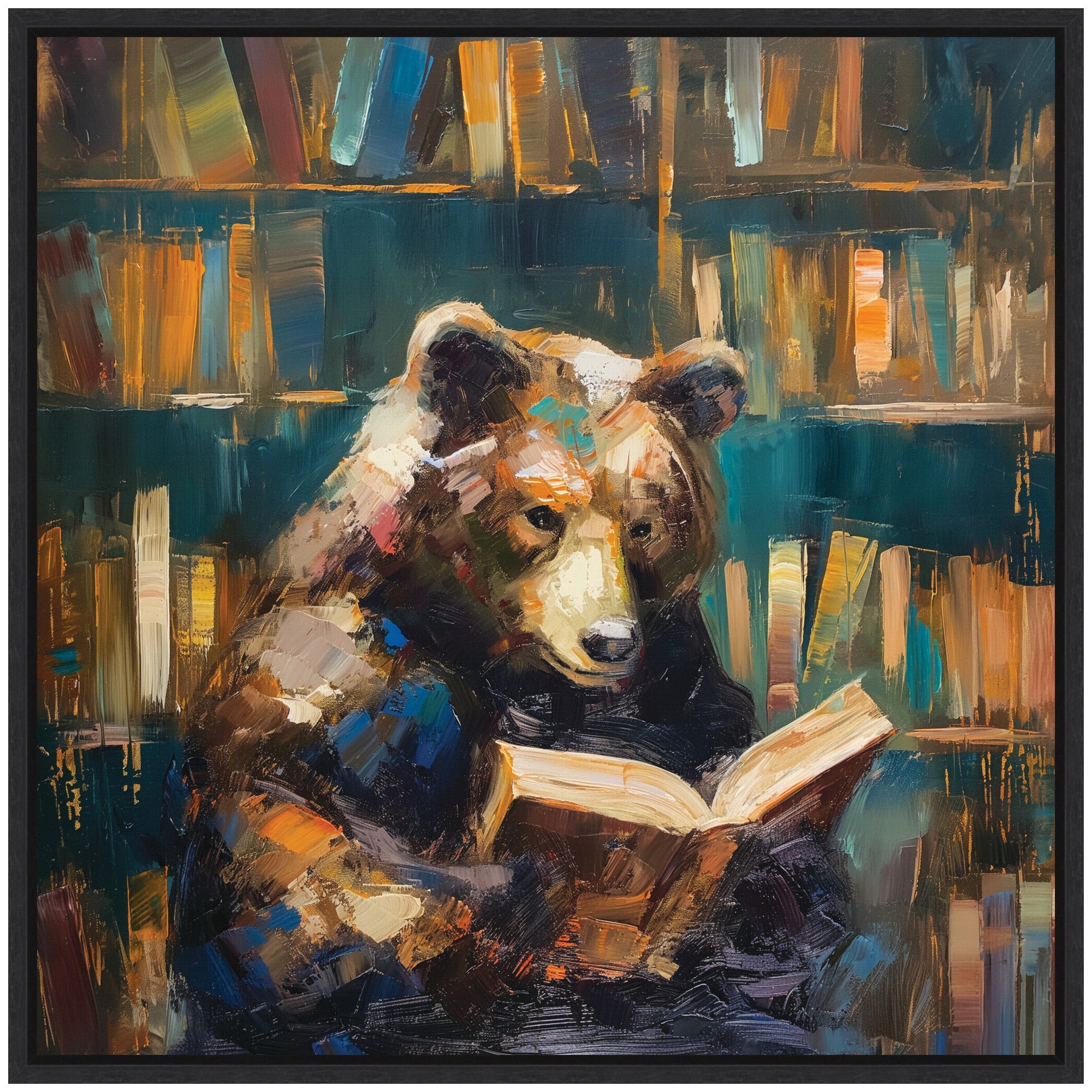 Sylvie Traditional Bear Reading in Library Framed Canvas by The Creative Bunch Studio