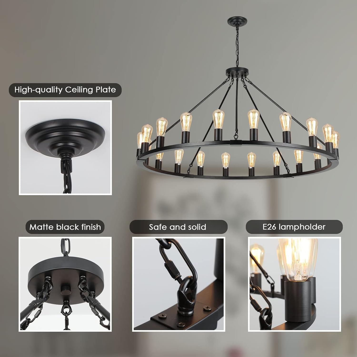 Matte Black Wagon Wheel Chandelier 48 Inch Lighting-4
