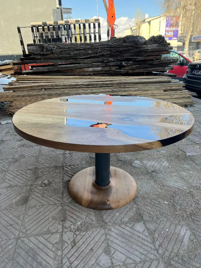 Custom Round Epoxy Resin Walnut Dining - Kitchen Table With Wood Base