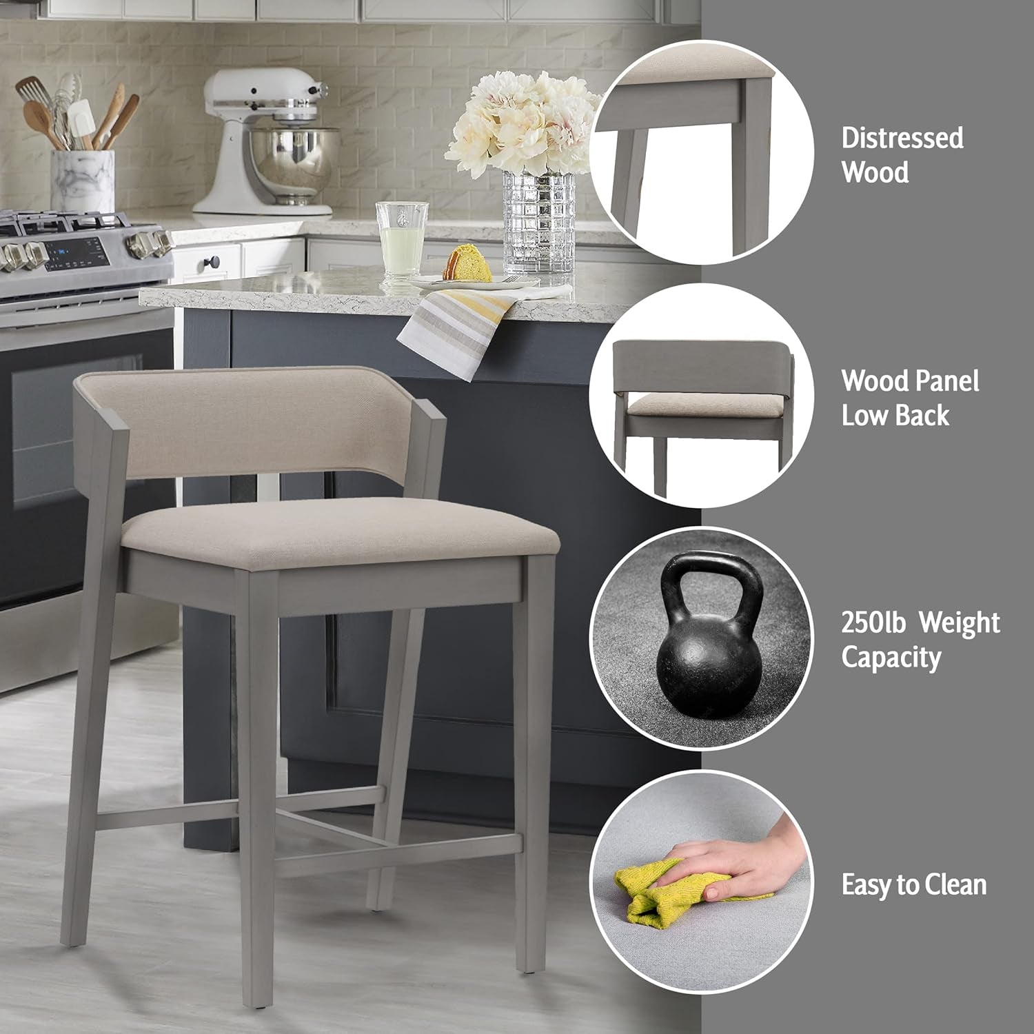 Counter Height Wood Stool Distressed Gray Upholstered Seat