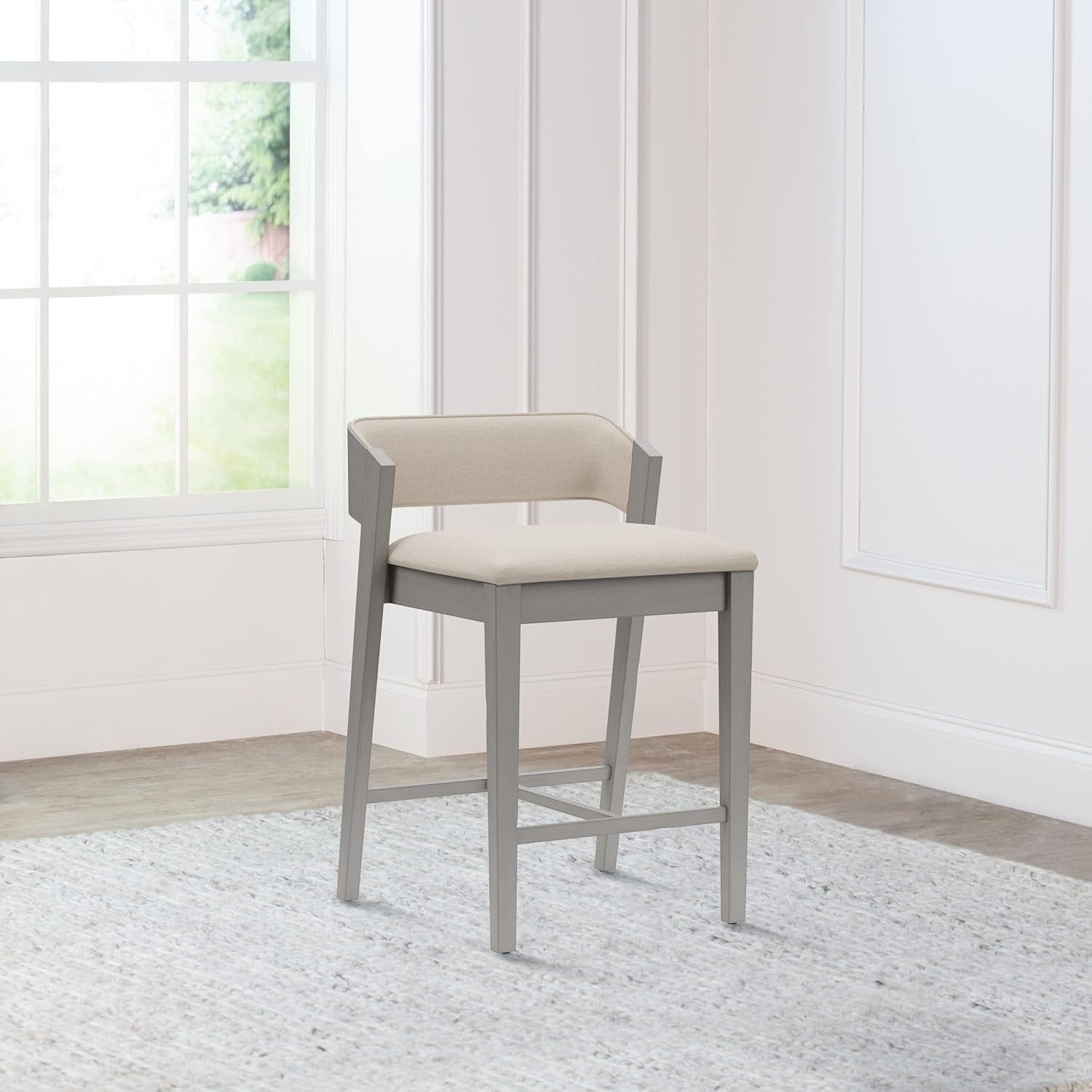 Counter Height Wood Stool Distressed Gray Upholstered Seat