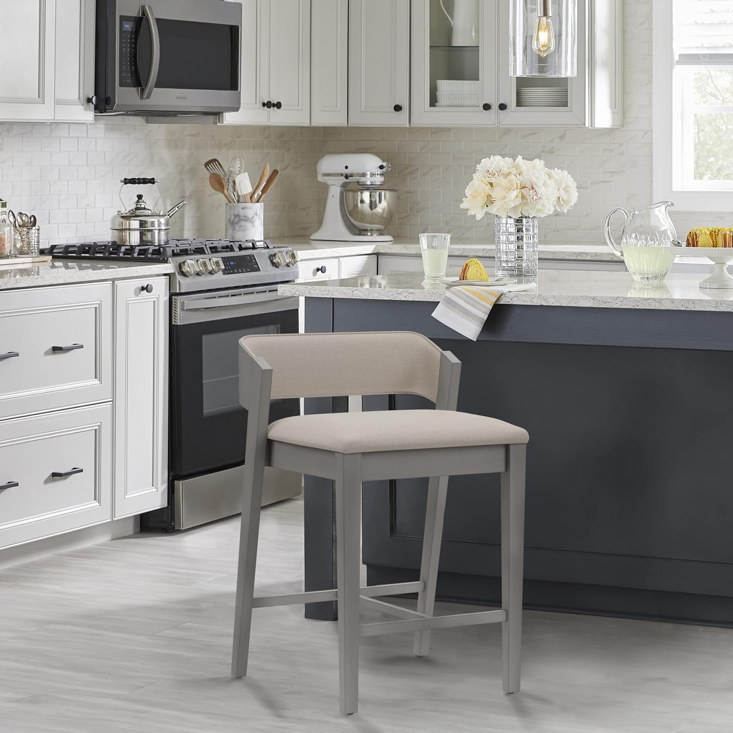 Counter Height Wood Stool Distressed Gray Upholstered Seat