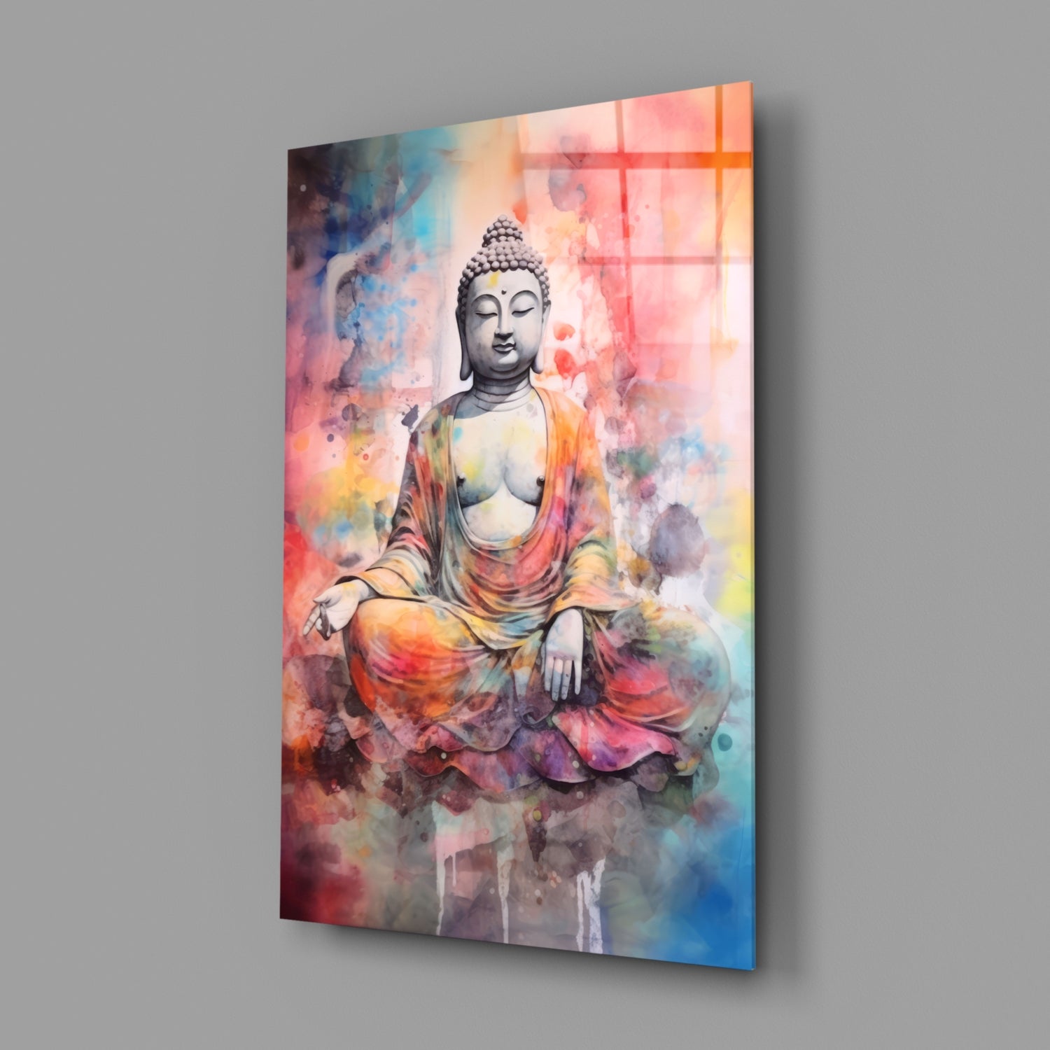 Watercolor Splash Meditating Buddha Glass Wall Art