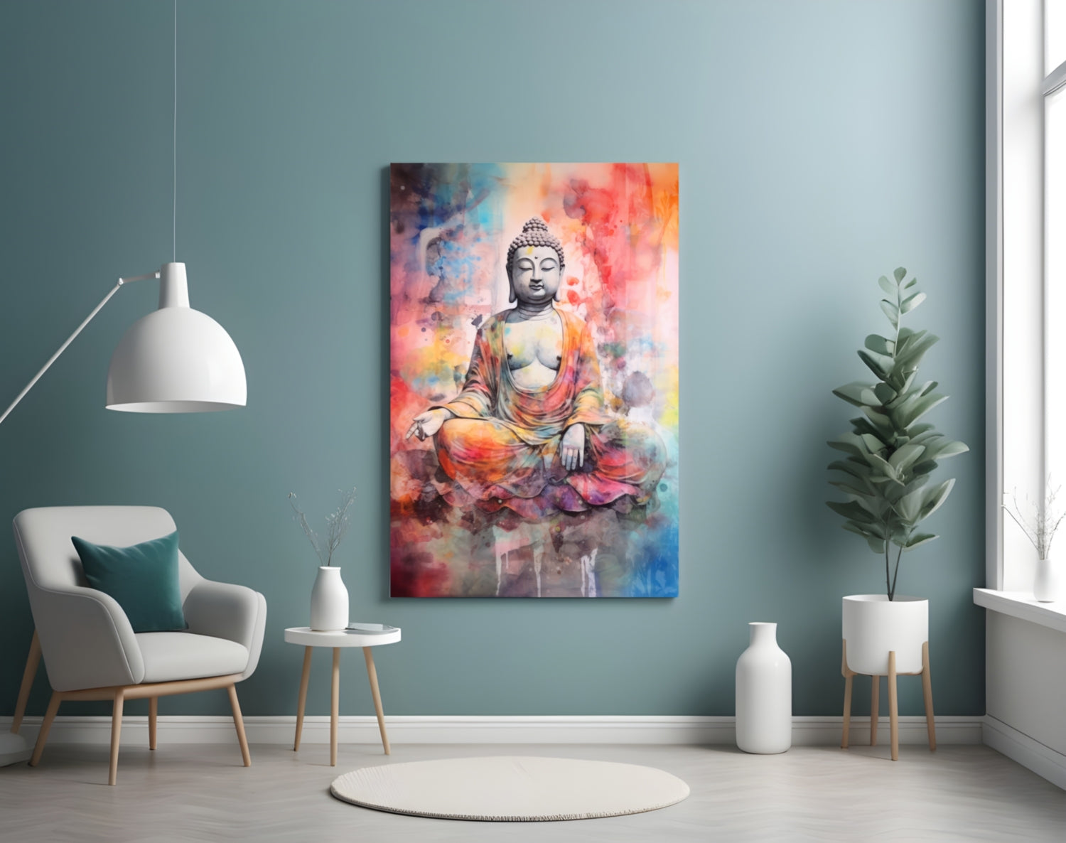 Watercolor Splash Meditating Buddha Glass Wall Art