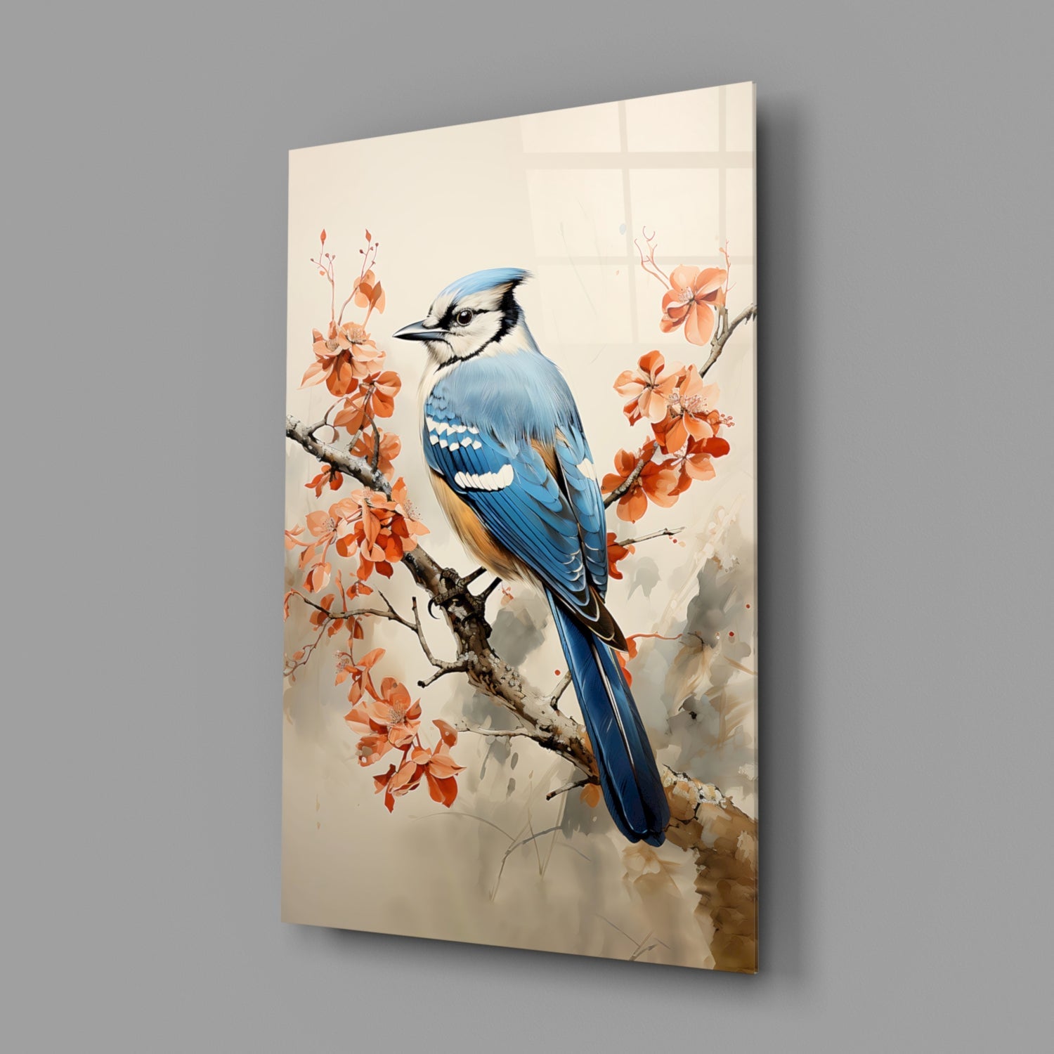 Blue Bird on Coral Blossom Branch Glass Wall Art