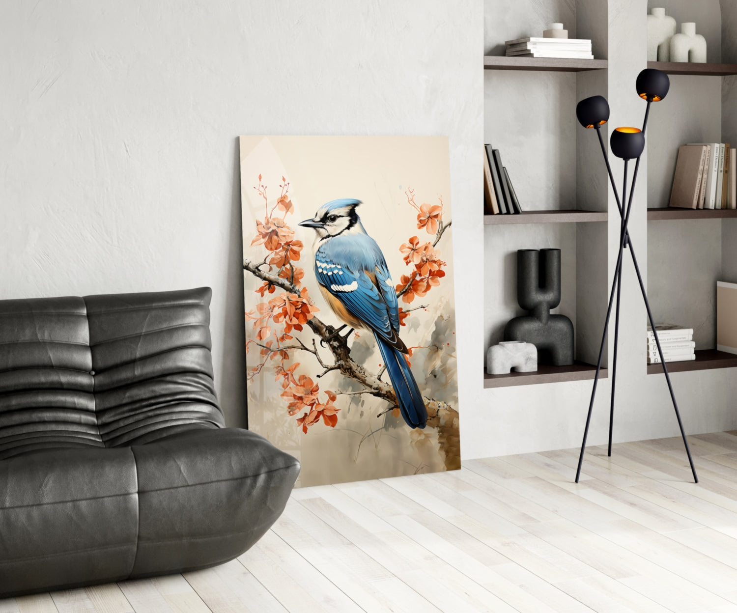 Blue Bird on Coral Blossom Branch Glass Wall Art